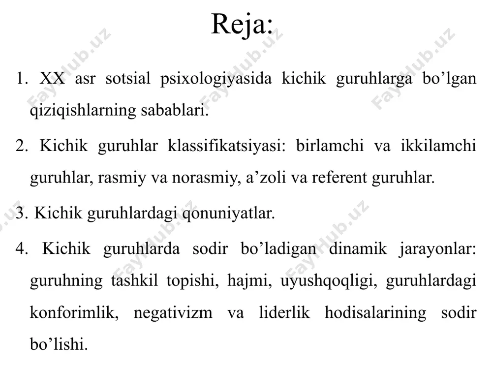 triplett, nemis olimi a. mayer, rus olimi v.m. bexterev, yana bir nemis olimi v. myode ijtimoiy fassilitatsiya - individning faoliyat mahsullariga uning yonida bo‘lgan boshqa individlarning bevosita ta’siri bo‘lib bu ta’sir avvalo sensor kuchayishlar hamda ish-harakatlarning, fikrlashlarning tezligida namoyon bo‘lishidir. ijtimoiy ingibitsiya - boshqalar ta’sirida individ reaksiyalaridagi tormozlanish faoliyatining susayishi holatlari kichik guruhlarning turlari (r.s.nemov bo’yicha) shartli (nominal) real (haqiqiy) tabiiy formal (rasmiy) kuchsiz rivojlangan labaratoriya tipli noformal (norasmiy) kuchli rivojlangan korporotsiyalar jamoalar referent noreferent odatda kichik guruhlarni rasmiy va norasmiy turlarga bo’lib(e. meyo taklifi) o’rganishadi. rasmiy (formal) guruh deganda – guruhdagi har bir a’zolarning rasmiy rollarga egaligi, mavqeining va tutgan o’rning aniqligi tushuniladi. rasmiy guruhlarda munosabatlar asosan ''vertikal" tarzda ro‘y berib, guruhning bir yoki bir necha a’zosida ''hokimiyat" bo‘lganligi uchun ham, ular boshqalarni boshqarish, ularga buyruq, rasmiy ko‘rsatmalar berish huquqiga ega bo‘ladilar. norasmiy guruh(noformal)lar - ular asosan stixiyali tarzda, aniq maqsadsiz tarkib topadi va ularda a’zolarning aniq mavqelari, rollari …
