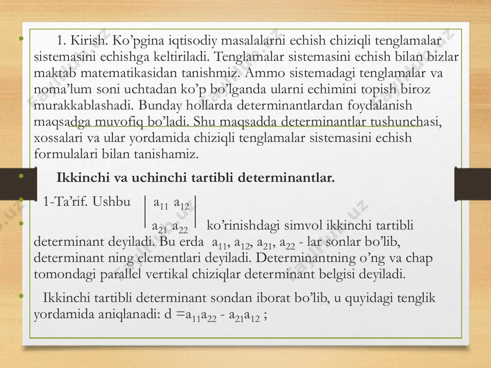 r)ning mos elementlariga proporsional bo’lsa, bunday determinantni qiymati nolga teng bo’ladi.  5-xossa. determinantda biror ustun (satr) ning hamma elementlarini bitta m(m=0) soniga ko’paytirib, bu ko’paytmalarni boshqa ustun (satr)ning mos elementlariga qo’shilsa, determinantning qiymati o’zgarmaydi. •minorlar va algebraik to’ldiruvchilar. • 3-ta’rif. n-chi tartibli d determinantning ixtiyoriy r-ta satr va r-ta ustunlarini ajrataylik (1<r<n). bu satrlar va ustunlar kesishgan joylardagi elementlarni d determinantdagi tartibda olib, ulardan m determinantni tuzamiz. m determinantni d determinantning r-chi tartibli minori deyiladi. • a11 a12 ... a1n • a21 a22 ... a2n ... ... ... • an1 an2 ... ann • • 4-ta’rif. d determinantda ajratilgan r-ta satr va r-ta ustunni o’chiraylik. d determinantning qolgan elementlarini shu d dagidek olib, ulardan (n-r)-chi tartibli m determinantni tuzamiz. m determinantni m ga qo’shimcha minor deyiladi. • agar determinantda k-chi satr va e-chi ustun ajratilsa, ularning kesishgan joyida akl element turgani uchun m=akl bo’ladi. bu holda qo’shimcha m minorni …