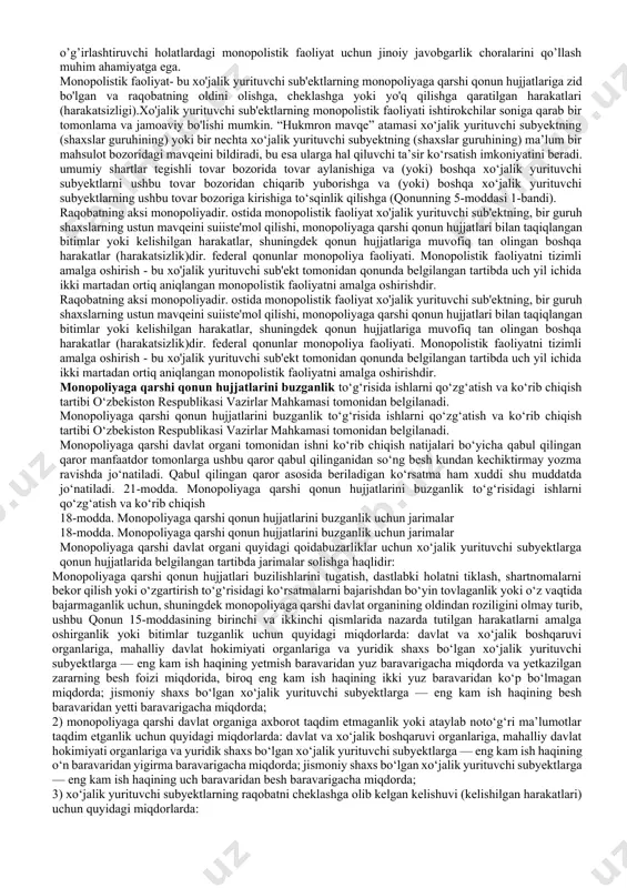 chiqarishning eng yuksak darajadagi texnologiyasiga erishib, qolgan raqiblarini bu darajaga chiqishiga imkon bermaydi; - ishlab chiqarish miqyosi samarasidan unumliroq foydalanish imkonini beruvshi nisbatan yirik hajmdagi kapitalni qo’llaydi; - o’z faoliyatini yuqori darajada reklama qilish orqali boshqa raqobatshilarni bozordan siqib chiqarishga harakat qiladi. sun’iy monopoliyalar kartelь, sindikat, trest, konsortsium, kontsern kabi aniq shakllarda namoyon bo’ladi. kartelь – bitta sanoat tarmog’idagi bir nesha korxonalarning uyushmasi bo’lib, uning ishtirokshilari ishlab chiqarish vositalari va mahsulotlariga o’z mulkiy egaligini saqlab qoladi, yaratilgan mahsulotlarni sotish esa kvota, ya’ni mahsulot ishlab chiqarish umumiy hajmidagi har bir ishtirokshining ulushi, sotish narxlari, bozorlarning bo’lib olinishi va h.k. bo’yisha kelishuv asosida amalga oshiriladi. sindikat – bir turdagi mahsulot ishlab chiqaruvchi bir nesha korxonalarning birlashmasi. bunda ishlab chiqarish vositalariga mulkshilik birlashma ishtirokshilarining o’zida saqlanib qolgani holda, ular tomonilan ishlab shiqarilgan mahsulot maxsus tashkil etilgan yagona sotish tashkiloti orqali amalga oshiriladi. trest – ishlab chiqarish vositalari va tayyor mahsulotga birgalikdagi mulkiy egalikni …