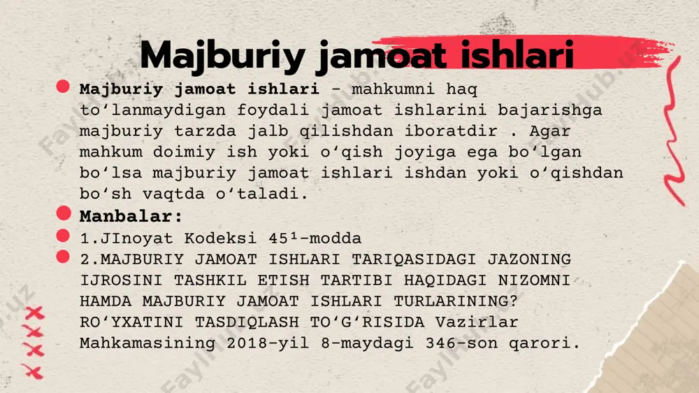 da esa, bir yilgacha bo‘lgan muhlatda kuniga to‘rt soatdan ko‘p bo‘lmagan vaqtda o‘taladi. majburiy jamoat ishlari tariqasidagi jazo muddati mahkum majburiy jamoat ishlarini o‘tashi mobaynidagi soatlar bilan hisoblanadi. majburiy jamoat ishlari muddatlariga ish joyiga yetib kelish va ovqatlanish vaqti, shuningdek, mahkum ishlarni bajarishga alkogol, giyohvand yoki zaharvand mastligi holatda kelgan vaqt jazoni o‘tash muddatiga qo‘shib hisoblanmaydi. majburiy jamoat ishlari tariqasidagi jazo muddati va vaqtini hisoblash mahkum jazoni o‘tashdan bo‘yin tovlasa: sud majburiy jamoat ishlarining o‘talmagan muddatini majburiy jamoat ishlarining to‘rt soatini ozodlikni cheklashning yoki ozodlikdan mahrum qilishning bir kuniga tenglashtirgan holda hisoblab, ozodlikni cheklash yoki ozodlikdan mahrum qilish tariqasidagi jazo bilan almashtiradi. jazoni o‘tashdan bo‘yin tovlanilgan vaqt jazoning o‘talgan muddatiga qo‘shib hisoblanmaydi. majburiy jamoat ishlarining ro'yxati. 1.shaharlar, tumanlar, posyolkalar, dam olish zonalari, sport va bolalar maydonchalari, tarixiy-arxitektura yodgorliklari, qabristonlarni obodonlashtirish. 2.qurilish-montaj ishlari 4.sog‘liqni saqlash tizimidagi ishlar 5.xalq ta’limi tizimidagi ishlar 3.yuk ortish-tushirish ishlari 6.meva-sabzavot bazalaridagi ishlar 8.ikkilamchi xomashyolarni tayyorlash va …