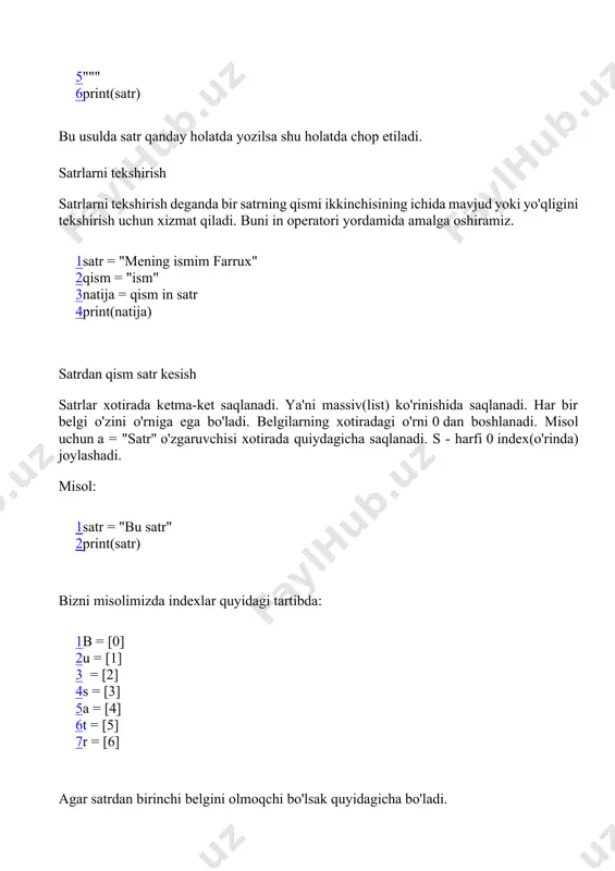 (kesilgan_satr) natija: b misolimizda u [1] indexda edi nega u chop qilinmadi deyishingiz mumkin, chunki slicing da start olinadi end esa end-1 qoidasida ishlaydi. shuning uchun oxirgi olinishi kerak bo'lgan element indexiga 1 ni qo'shib kiritsh kutilgan natijani olishga sabab bo'ladi. endi esa bu so'zini kesib olamiz. 1 2 3 satr = "bu satr" kesilgan_satr = satr[0:2] print(kesilgan_satr) natija: bu endi sizga vazifa bo'ladi: to'liq ism sharifingizni fish deb nomlangan o'zgaruvchida saqlang va ismingizni slicing qiling. satrga o'zgartirish kiritish satrlarni o'zgartirish holatlariham uchrab turadi. misol uchun satrdagi bo'sh joylarni tozalash, katta harfga o'girish yoki kichik harfga o'girish. bunday holatlar uchun ham pythonda satrlar bilan ishlash uchun maxsus funksiyalar mavjud. aytaylik bizga shunday vazifa qo'yildi: foydalanuvchi ismini kiritganidan so'ng ismini katta harflar bilan qabul qilib oling. chunki har doim ham foydalanuvchilar qoidalarga amal qilmaydi yoki tasodifan to'g'ri kiritmaydi. bunday vaziyatlar uchun dasutruchi ham tayyor turishi zarur. misol: 1 2 fish = …