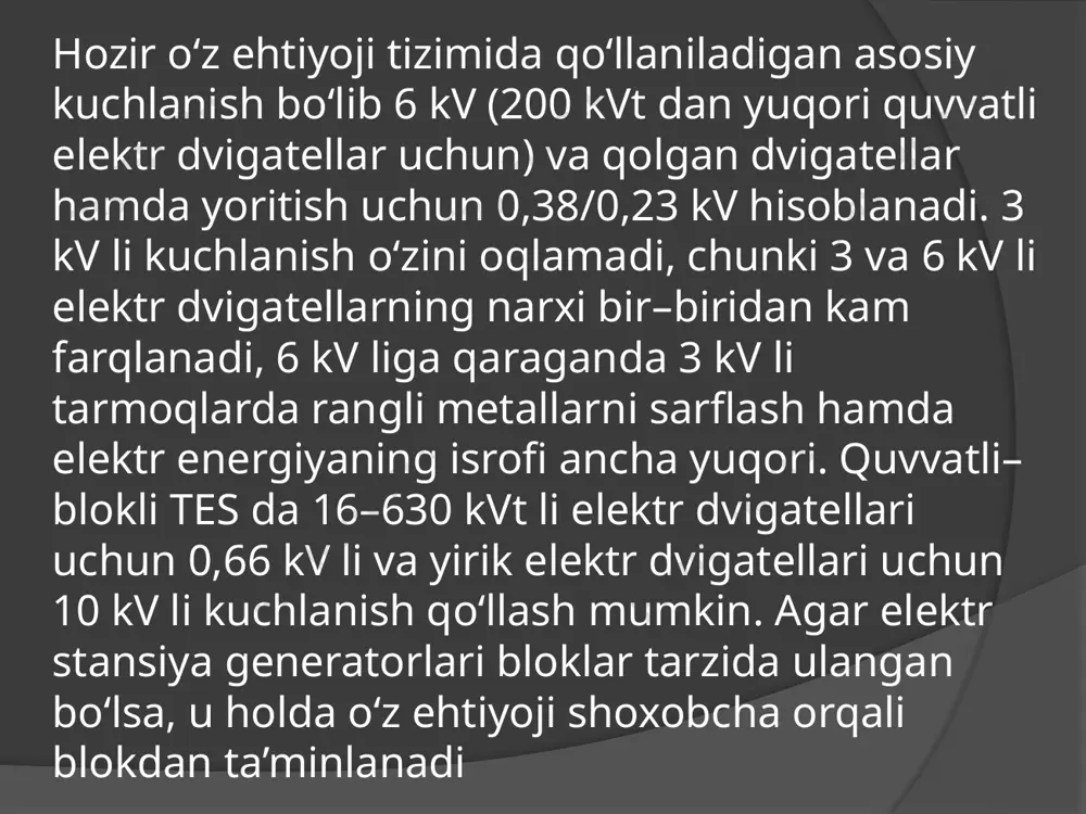 ni o‘z ichiga oladi. fodalanilgan adabiyotlar: 1. karimоv i.a. “milliy istiqlоl mafkurasi – хalq e’tiqоdi va buyuk kelajakka ishоnchdir” tоshkent, o‘zbekistоn, 2000, 32 b. 2. christophe preve “protection of electrical networks”, new york,basel, “iste ltd”, 2006.508 p. 3. ruben d.garzon, “high voltage circuit breakers” design and applications second edition, usa marcel dekker,inc. all rights reseverd, 473 p. 4. allayev q.r., siddiqov i.h., hakimov m.h., ibragimov r.i., siddiqov o.i., shamsutdinov h.f. “stansiya va podstansiyalarning elektr qismi”.- toshkent: cho’lpon; 2015.302 b. etiboringiz uchun raxmat image1.png image2.png image3.png image4.png image5.png image6.png /docprops/thumbnail.jpeg