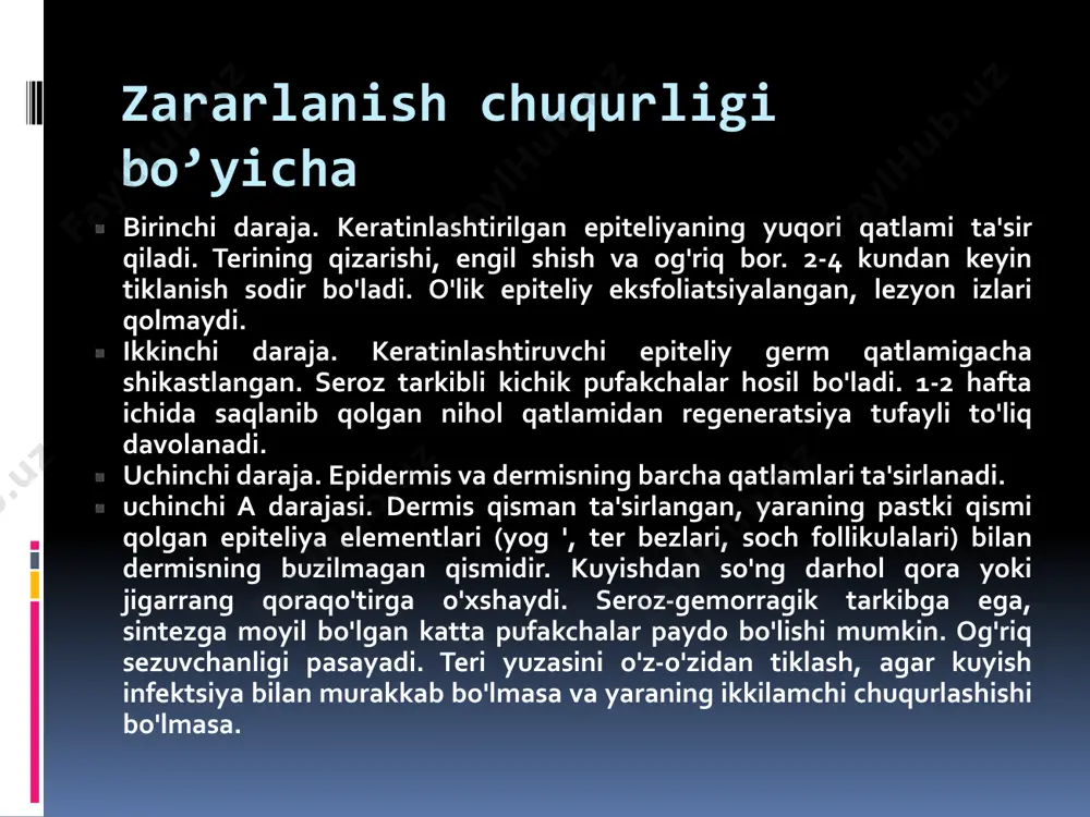 hib ketadi. yara to'qimalarning butun chuqurligida, suyakka qadar davom etishi mumkin. nekroz o'choqlari joylashgan joyda hosil bo'ladi. qiymat oldingi nekrozning hajmiga bog'liq. koagulyatsion nekroz ("quruq nekroz"). ta'sir qilingan to'qimalar o'ladi va quriydi. o'lik va quritilgan to'qimalardan qora yoki to'q jigarrang qoraqo'tir hosil bo'ladi. jarrohlik yo'li bilan olib tashlash nisbatan oson. kollikvatsion nekroz ("ho'l nekroz"). o'lik to'qimalarning ko'pligi va o'lik to'qimalarda etarli miqdordagi suyuqlik mavjudligi bilan bakteriyalar faol ravishda ko'paya boshlaydi. ta'sir qilingan joy shishiradi, yashil-sariq rangga, o'ziga xos yoqimsiz hidga ega bo'ladi. fokus ochilganda, ko'p miqdorda yashil rangli suyuqlik quyiladi. ushbu turdagi nekrozni davolash qiyinroq, u sog'lom to'qimalarga tarqaladi. kuyish travmasining tizimli effekti kuyish kasalligi endogen intoksikatsiya sindromi kuyish infektsiyasi kuyish sepsisi bilan birga kuyish kasalligi kuyish kasalligi - tananing kuyish shikastlanishiga kompleks javobidir. bu holat yuzaki kuyishlar bilan yuzaga keladi, agar kattalarda tananing 30% dan ko'prog'i ular tomonidan ishg'ol qilingan bo'lsa; chuqur kuyishlar bilan (3-4 daraja) - kattalarda tananing …