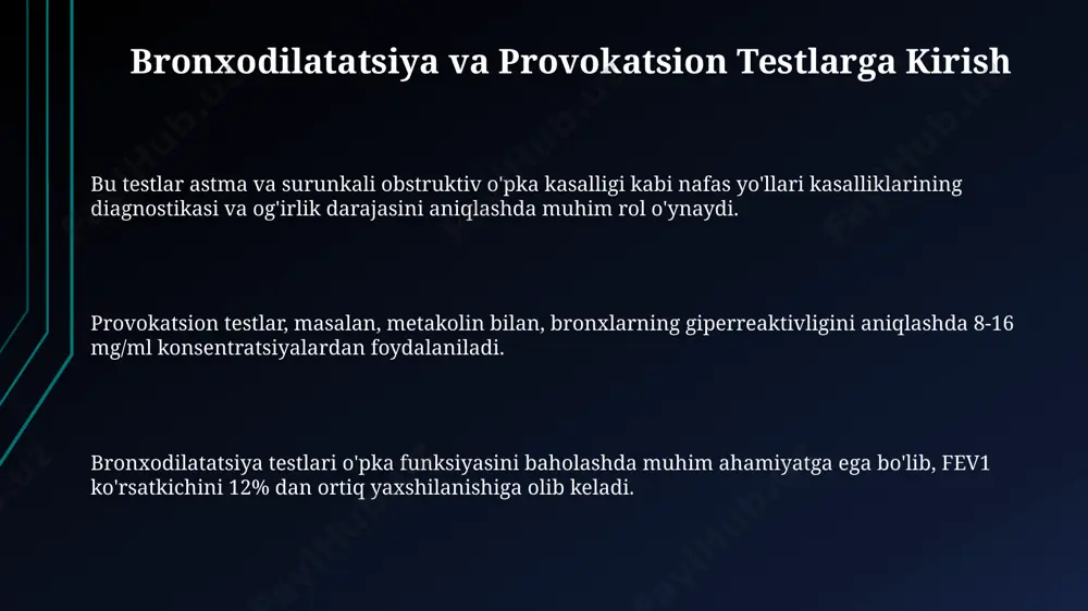 kichi yordamida baholanadi va bu 15-20% ga oshishi mumkin. m-xolinoreseptorlarining blokerlari m-xolinoreseptorlar blokerlari, beta-2-adrenomimetiklar bilan birgalikda qo'llanilganda, sinergik bronxodilatatsiya ta'siri kuzatiladi, bu esa bemorlarning nafas olish funktsiyasini sezilarli darajada yaxshilashga yordam beradi. ba'zi m-xolinoreseptorlar blokerlari uzun ta'sir qiluvchi bo'lib, ularning ta'siri 12 soatgacha davom etadi va bu surunkali obstruksiv o'pka kasalligi (so'ok) bo'lgan bemorlarda kundalik dozani kamaytirishga yordam beradi. m-xolinoreseptorlar blokerlari, masalan, ipratropiy bromidi, o'pka airwaysining lümenini kengaytirish orqali bronxodilatatsiyaga olib keladi va bu ta'sir taxminan 4-6 soat davom etadi. mannitol provokatsion testi test davomida 5-10 daqiqa ichida nafas olish funktsiyasining pasayishi, masalan, fev1 ning 20% ga kamayishi, mannitolga bo'lgan yuqori sezuvchanlikni ko'rsatadi. mannitol provokatsiyasi testida 20-40% patsientlarda bronxospazm kuzatiladi, bu esa giperreaktivlikni ko'rsatadi va astma tashxisini qo'yishga yordam beradi. mannitol provokatsiyasi testini o'tkazishda, reaktsiyalarni baholash uchun pik floumetr va spirometriya kabi funktsiyal nafas tegishli asboblardan foydalaniladi. pik-flometriya tekshiruv davomida bemorning maksimal ekspirator tezligi (pef) va bir soniyadagi majburiy ekspirator …