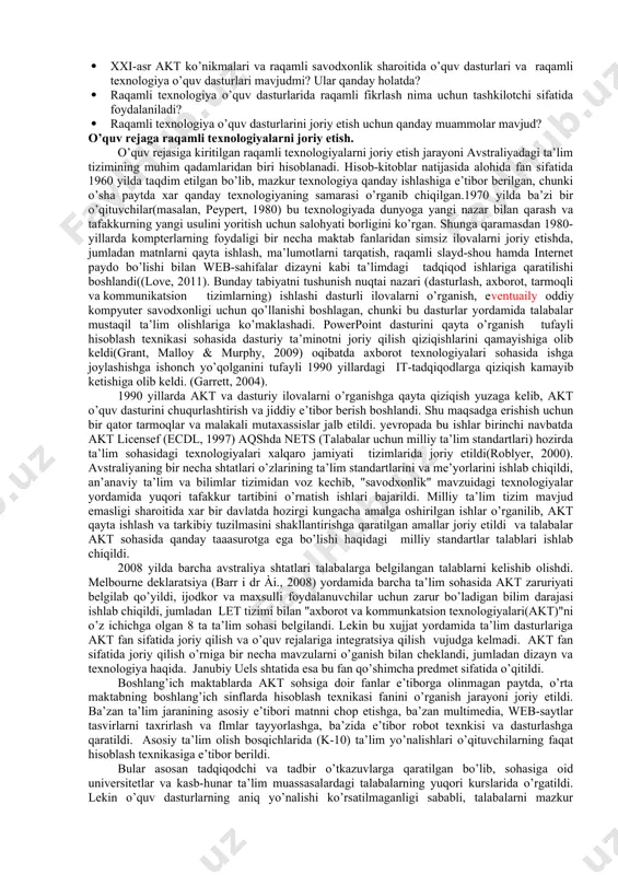 sharoitda ishlash uslublarini egallagan bo’lishi lozim. informatika o’qituvchisiga pedagogik faoliyatning asosiy maqsadi qilib, bugungi kun, qator vazifalarni qo’yadi, jumladan, informatika fanlarini o’qitish jarayonida aynan axborot kommunikatsion kompetentlikni shakllantirish uchun muhim sharoit yaratish. informatika o’qituvchisining uzluksiz ta’lim tizimidagi o’rni. bu kabi fanlarni o’qitishda ta’lim muassasalari professor-o’qituvchilaridan tinimsiz o’qish, izlanish va o’z ustida ishlashni talab qiladi. қolaversa, har qanday darsning samarasi uning natijasi, ya’ni o’quvchilarda shakllangan bilim, ko’nikma va malakalar darajasi bilan o’lchanadi, lekin bu natija ko’p jihatdan dars o’tuvchi shaxs-o’qituvchining tayyorgarligiga va uning qo’llayotgan texnologiyalariga ham bog’liq. masalan avstraliya misolida tahlilni kurib chiqamiz : raqamli texnologiyalar o’quv dasturini to’liq o’rganishda avstraliya milliy va davlat hisoblash o’quv dasturini global doirada tanqidiy tahlil qilish foydadan holi bo’lmaydi. bu xxi - asrning raqamli savodxonlik va ko’nikmalar sharhini o’z ichiga oladi. unda avstraliya hisoblash o’quv dasturini hozirgi kundagi xalqaro bozorda o’zining rejalarini yechish va shakllantirishda intellektual hisoblash tushunchalarini o’sishi ijtimoiy jihatdan o’rganilgan. iboralardagi tartibsizliklar va …