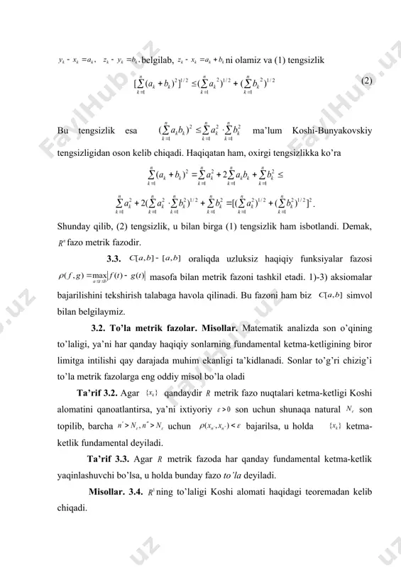 ligi bo’lsin. buning ma’nosi shuki, uchun shunaqa son topilib, barcha , bu yerda ulou holda bundan har bir qiymatlarda koordinatlar va barcha uchun ,ya’ni – fundamental sonli ketma-ketlik. u holda va deb olsak, tushunarliki, , ya’ni – to’la metrik fazodir. bu fazo haqida to’plangan oldingi ma’lumotlarni ham nazarga olib, u banax fazosi ekan degan xulosaga kelamiz. 3.6. fazoning to’laligini ko’rsatamiz. fazoning qandaydir fundamental ketma-ketligi bo’lsin. u holda shunaqa son topilib, barcha uchun bu yerdan koshi teoremasiga muvofiq ketma-ketlikning tekis yaqinlashishi kelib chiqadi. u holda ma’lumki, uning limitik funksiyasi oraliqda uzluksiz funksiyadan iborat. yuqoridagi tengsizlikda ni cheksizga intiltirib, barcha uchun tengsizlikni olamiz. buning ma’nosi shuki, ketma-ketlik fazo metrikasi bo’yicha uning elementiga yaqinlashadi. demak, – to’la fazo, bundan oldingi xulosalarga asoslanib, fazo banax fazosi ekanligiga ishonch hosil qilamiz. yangi mavzuni mustahkamlash (10 minut): talabalar bilan mavzu yuzasidan metrik fazo tushunchasi, to’la metrik fazo, banax fazosi, fundamental ketma-ketlik, koshi alomati bo’yicha savol-javob o’tkazish, …