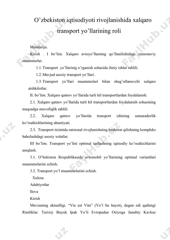 rda hindiston, atlantika, tinch okeaniga chiqishni ta’minlaydiga transport aloqalarining o’zaro bog’liq bir tizimiga o’tish kerak. o'zbekiston respublikasi o’z mustaqilligining birinchi kunlaridan chet davlatlar bilan o’zaro manfaatli hamkorliklarga o’tdi. o'zbekistonning tashqi siyosatining ustuvorlari orasida - savdo- iqtisodiy aloqalarni rivojlantirish, birinchi navbatda, ei davlatlari bilan , uchun qulay sharoit yotardi. bu aloqalarda o'zbekiston buyuk ipak yo’lini qayta tiklash uchun bir nechta hududiy va hududlararo integrasiya loyihalarining tashabbuskori bo’ldi. o’zbekiston markaziy osiyo davlatlari iqtisodiy rivojlantirish manfaatidagi jalb qiluvchi , raqobatbardosh va muqobil xalqaro transport yo’llari majmuini shakllantirish vazifasida bo’lgan traseka, shos, eskato, eko va boshqa ko’plab dasturlarning faol ishtirokchisidir. ushbu tadqiqotlarning muhimligi shundaki, xalqaro transport yo'llari va transportlashtitish tizimining rivojlanishi hamda globallashuvning hozirgi bosqichida umumiy bozor va umumiy transport hududini, shuningdek, transport xizmatlarini shakllantirish vazifasini echishga majmui yondashuvni asoslash muhimligi vujudga keldi. bu tizimdagi asosiy rollardan birini traseka loyihasi sifatida ma’lum bo’lgan transport yo’li o’ynashi kerak. hozirgi paytda traseka dasturi doirasida buyuk ipak …