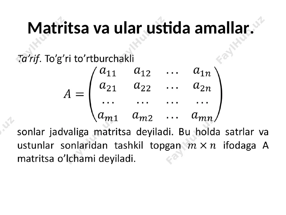 usuli. berilgan sistema elementar almashtirishlar yordamida unga ekvivalent bo’lgan sistemaga keltiriladi. elementar almashtirishlarga quyidagilar kiradi: - 0x1 + 0x2 + ... + 0хn = 0 nol satrni o’chirish; - tenglamar va tenglamalar qo’shiluvchilari o’rnini almashtirish; - bir tenglamani ikkala tomonini biror songa ko’paytirib boshqa bir tenglamaga qo’shish; - sistemaning boshqa tenglamalarining chiziqli kombinatsiyasi bo’lgan tenglamani o’cherish.. chiziqli tenglamalar sistemasi. kramer usuli. sistema matritsasi determinantini tuzamiz: , chiziqli tenglamalar sistemasi. kramer usuli. teorema (kramer qoidasi). а matritsa determinant bo’sin, esa ning j-ustunini b ozod hadlar ustuni bilan almashtirgandagi determinant bo’lsin. u holda agar bo’lsa, (1) sistema . (2) formula bilan aniqlanadigan yagona yechimga ega bo’ladi. chiziqli tenglamalar sistemasi. kramer usuli. misol. . yechish. chiziqli tenglamalar sistemasi. kramer usuli. sistema determinant noldan farqli bo’ganligi sababli (2) formula yordamida hisoblanuvchi yagona yechimga ega. . chiziqli tenglamalar sistemasi. gauss usuli. n ta noma’lumli m ta chiziqli tenglamalar sistemasini qaraymiz. (1) gauss usuli – noma’lumlarni …
