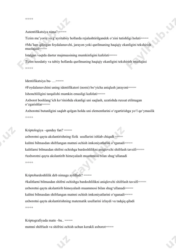 ==== kalitni bilmasdan shifrlangan matnni ochish imkoniyatlarini o‘rganadi==== kalitlarni bilmasdan shifrni ochishga bardoshlilikni aniqlovchi shifrlash tavsifi==== #axborotni qayta akslantirib himoyalash muammosi bilan shug‘ullanadi ++++ kriptobardoshlilik deb nimaga aytilladi? ==== #kalitlarni bilmasdan shifrni ochishga bardoshlilikni aniqlovchi shifrlash tavsifi==== axborotni qayta akslantirib himoyalash muammosi bilan shug‘ullanadi==== kalitni bilmasdan shifrlangan matnni ochish imkoniyatlarini o‘rganadi==== axborotni qayta akslantirishning matematik usullarini izlaydi va tadqiq qiladi ++++ kriptografiyada matn –bu.. ==== matnni shifrlash va shifrini ochish uchun kerakli axborot==== axborot belgilarini kodlash uchun foydalaniladigan chekli to‘plam==== #alifbo elementlarining tartiblangan to‘plami==== kalit axborotni shifrlovchi kalitlar ++++ kriptotizimga qo‘yiladigan umumiy talablardan biri nima? ==== shifrlash algoritmining tarkibiy elementlarini o‘zgartirish imkoniyati bo‘lishi lozim==== ketma-ket qo‘llaniladigan kalitlar o‘rtasida oddiy va oson bog‘liqlik bo‘lishi kerak==== #shifr matn uzunligi ochiq matn uzunligiga teng bo‘lishi kerak==== maxfiylik o‘ta yuqori darajada bo‘lmoqligi lozim ++++ berilgan ta’riflardan qaysi biri assimetrikrik tizimlarga xos? ==== assimetrikrik tizimlarda k1=k2 bo‘ladi, ya’ni k – kalit bilan axborot ham shifrlanadi, …