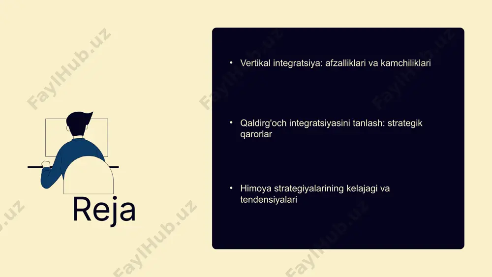 ki mahsulotga bog'lab qo'yadi, bu esa moslashuvchanlikni pasaytiradi. agar bozor talabida o'zgarishlar sodir bo'lsa, kompaniya tezda javob bera olmaydi va bu raqobat afzalliklarini yo'qotishga olib kelishi mumkin. bu holat, ayniqsa, tez o'zgaruvchan bozor sharoitlarida muhimdir. bozor talabidagi o'zgarish bozor talabining o'zgarishi vertikal integratsiya jarayonida muhim ahamiyatga ega. agar talab o'zgaradigan bo'lsa, kompaniya o'z mahsulotlarini yoki xizmatlarini yangilashda qiyinchiliklarga duch kelishi mumkin. bu, o'z navbatida, mijozlar bilan aloqa va mahsulotlarning raqobatdoshligini pasaytiradi. vertikal integratsiya va strategik qarorlar integratsiya foydasi vertikal integratsiya kompaniyalar uchun raqobatbardoshlikni oshirish, xarajatlarni kamaytirish va resurslardan samarali foydalanish imkonini beradi. u ta'minot zanjirini boshqarishni yengillashtiradi va sifatni yaxshilaydi. rejalashtirishdagi o'rni strategik rejalashtirishda vertikal integratsiya, kompaniyaning ichki va tashqi muhitini tahlil qilishga yordam beradi. bu qarorlar qabul qilish jarayonida risklarni kamaytiradi va o'zgaruvchan bozor sharoitlariga moslashishga imkon beradi. misollar bir nechta kompaniyalar, masalan, tesla va zara, vertikal integratsiyani muvaffaqiyatli qo'llab-quvvatlagan. tesla o'zining batareyalari va avtomobillarini ishlab chiqaradi, bu esa …