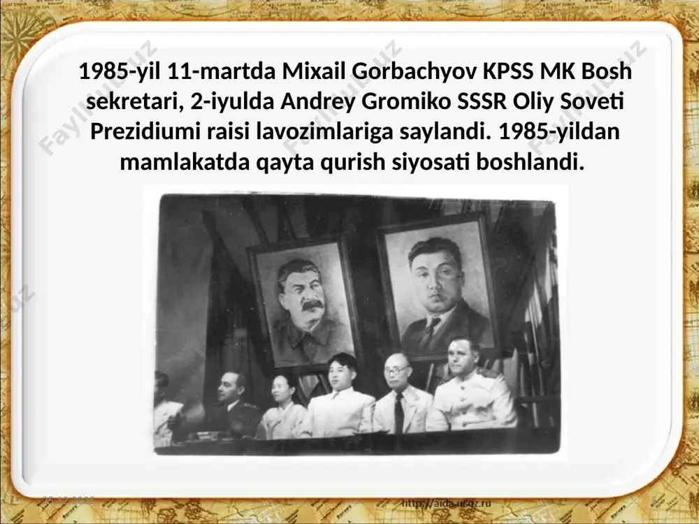 bu ko‘rsatkich 280 gramm/litrni tashkil etadi. orol bugungi kunda 2009-yil oroning qurib qolgan sarxadlari tuz changi bo‘ronlari 400km va undan ziyodroq masofaga tarqaladi yiliga taxminan 100 million tonnaga yaqin tuz atmosferaga chiqadi. 1980-yildan boshlab bunday tuz bo‘ronlari yiliga 90 kungacha bo‘ladi. cho‘llanish 270 gr/l 10 gr/l suvning tuzlanishi (gr/l) 20 tur 0 tur 11 tur 5 tur 1 tur orolda yashagan baliq turlari 36 добываемые промыслом виды рыб 1961 1970 1980 1990 2010 15 10 5 1 0 yuzlab ko‘llar amudaryo deltasida yo‘q bo‘lib ketgan orolbo‘yi mintaqasida vujudga kelgan og‘ir ekologik vaziyatda, ayniqsa, dengizga yaqin bo‘lgan mo‘ynoq, qo‘ng‘irot, chimboy shaharlari va atrofidagi ovullar aholisi ko‘p aziyat chekdi. 24.09.2023 38 orolqum – dunyodagi eng yosh cho‘l. orol dengizining 40 000 km2dan ziyod qismi quruqlikka aylanishi natijasida xx asr oxirida vujudga keldi. 24.09.2023 39 orol dengizining ko‘rinishi 24.09.2023 40 o‘zbekistonda ijtimoiy-siyosiy inqirozning keskinlashuvi 24.09.2023 41 ana shunday sharoitda o‘zbekistonning o‘sha paytdagi rahbariyati …