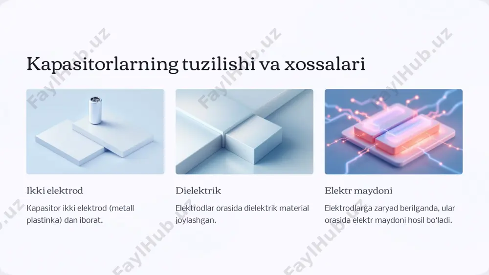vaqti kapasitorning zaryadlanish vaqti uning sig'imi va unga qo'llanilgan qarshilikka bog'liq. 3 razryad zaryadlangan kapasitorning qutblariga ulangan qarshilik orqali elektr toki oqadi. 14 kapasitorlarning energiya saqlash qobiliyati elektrolitik seramika film kapasitorlar saqlay oladigan energiya miqdori uning sig'imi va kuchlanish kvadratining yarmiga teng. 15 kapasitorlar yordamida energiya saqlash samarodorligini oshirish 1 kapasitansiyani oshirish katta kapasitansili kapasitorlar ko'proq energiya saqlashi mumkin. 2 dielektrik materialini tanlash yuqori dielektrik kuchga ega materiallar samaradorlikni oshiradi. 3 temperaturani boshqarish optimal ish harorati saqlanishi energiya yo'qotilishini kamaytiradi. 16 kapasitor ishlash parametrlarini o'lchash usullari 1 qarshilikni o'lchash kapasitorning qarshilikni o'lchash usuli uni zaryadlash va razryadlash vaqtini o'lchashga asoslangan. 2 sig'imni o'lchash sig'imni o'lchash uchun lcr metr yoki kapasitorni o'lchash moslamasi ishlatiladi. 3 energiya saqlash qobiliyatini o'lchash energiya saqlash qobiliyatini o'lchash uchun kapasitorga ma'lum miqdordagi energiya yuboriladi va keyin saqlanadigan energiya o'lchanadi. 17 kapasitorlar texnologiyasidagi yangilanishlar kapasitorlar texnologiyasi doimiy ravishda rivojlanmoqda, yangi materiallar, ishlab chiqarish usullari va dizaynlar bilan. …