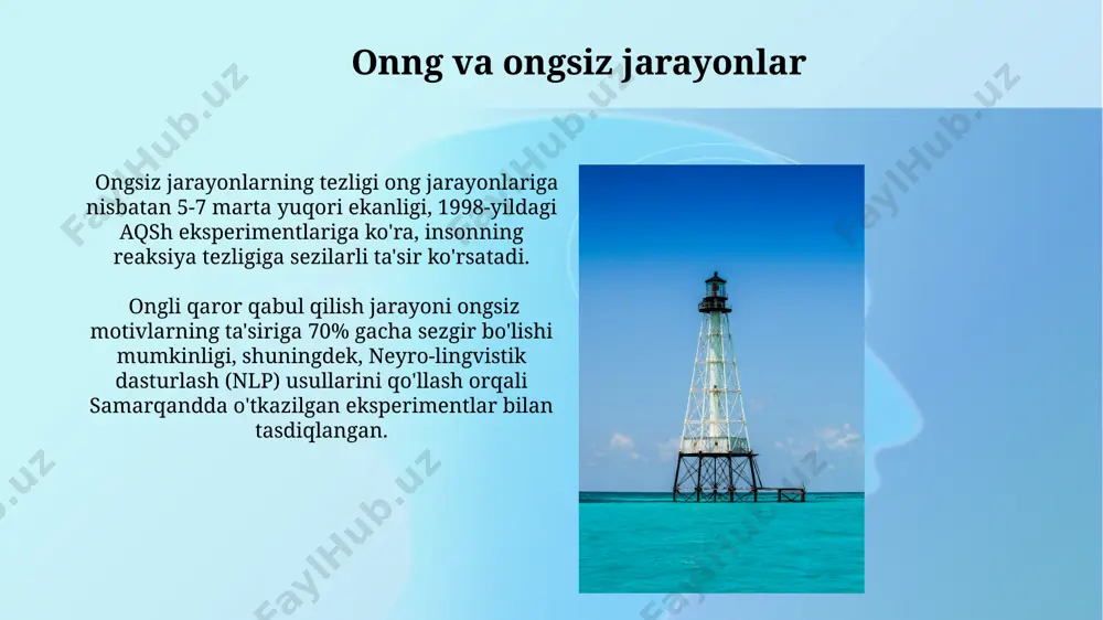 ndirilgandan keyin faollashadi. bu jarayon 7 bosqichdan iborat deb hisoblanadi. shaxsning individual xususiyatlari shaxsning individual xususiyatlarini o'rganishda psixologik testlar, masalan, mmpi (minnesota multiphasic personality inventory) kabi 567 ta savoldan iborat testlar, shaxsning turli xil psixologik xususiyatlarini aniqlashda muhim rol o'ynaydi. o'zbekistondagi 2000 yildan keyingi tadqiqotlar shuni ko'rsatdiki, shaxsning individual xususiyatlari ijtimoiy-iqtisodiy omillar, jumladan, ta'lim darajasi va oilaning ijtimoiy holati bilan bog'liq. e'tiboringiz uchun rahmat @taqdimot_robot image2.jpg image3.jpg image4.jpg image5.jpg image6.jpg image7.jpg image8.jpg image9.jpg image10.jpg image1.png