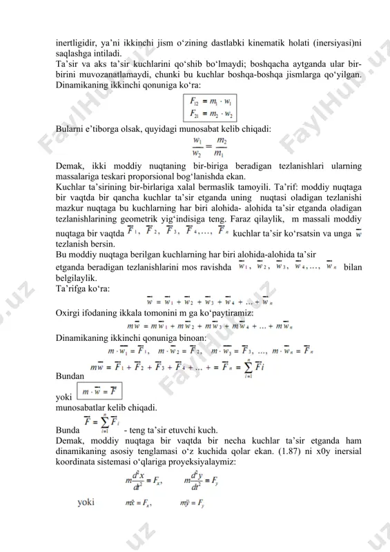 rdinata sistemasi o‘qlariga proyeksiyalaymiz: bu yerda, x, y — harakatdagi nuqtaning koordinatalari; — nuqta tezlanishining koordinata o‘qlaridagi proyeksiyalari; fx, fy — teng ta’sir etuvchi kuchning koordinata o‘qlaridagi proyeksiyalari. agar f kuchning koordinata o‘qlaridagi proyeksiyalarini tegishlicha deb belgilasak, u holda kelib chiqadi. (1.88) tenglamalar erkin moddiy nuqta harakatining dekart koordinata o‘qlaridagi differensial tenglamalarini ifodalaydi. dinamikaning masalalarini ikki guruhga bo‘lish mumkin: - dinamikaning birinchi masalasida moddiy nuqta yoki jismning harakatiga ko‘ra, ularga ta’sir etuvchi kuchlar aniqlanadi; - dinamikaning ikkinchi (birinchiga teskari) masalasida moddiy nuqta yoki jismga ta’sir etuvchi kuchlarga ko‘ra, ularning harakati aniqlanadi. dinamika masalalarini yechishda statikaning (masalan, kuchlarning muvozanati, kuchlarni qo‘shish, ularni sodda holga keltirish va shu kabi) hamda kinematikaning qoida va uslublaridan keng foydalaniladi. aytaylik, ishchi aravachaga tezlanish berib, uni rels ustida kuch bilan itarib bormoqda (1.58-shakl). dinamikaning uchunchi qonuniga muvofiq, ishchi aravacha tomondan miqdori kuchga teng, lekin unga qarama-qarshi yo‘nalgan aks ta’sir (reaksiya)ga duch keladi. bu aks ta’sir yoki …