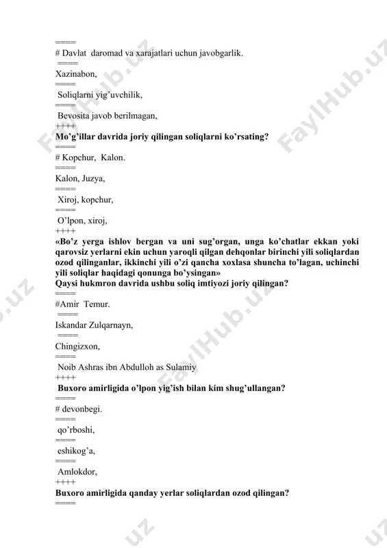 qlar, hamda ularni hisoblash, undirish va ularning nazoratini tashkil qilish shakllari, usullari, tamoyillari yig’idisidir ==== qonun bilan belgilab berilgan soliqlar yig’indisidir ==== qonun bilan vakolat berilgan soliq idoralari tarkibiy tuzilmasidir ==== barcha javoblar to’g’ri ++++ soliqlar soliqqa tortish ob’ektiga ko’ra guruhlanishi to’g’ri ko’rsatilgan javobni ko’rsating? ==== # 1. oborotdan olinadigan soliqlar. 2.mol-mulk qiymatlaridan olinadigan soliqlar. 3. daromaddan olinadigan soliqlar ==== 1. bevosita soliqlar. 2. bilvosita soliqlar ==== 1. yer resurslaridan olinadigan soliqlar. 2. mol-mulkdan olinadigan soliqlar ==== 1. yuridik shaxslar to’laydigan soliqlar. 2. jismoniy shaxslar to’laydigan soliqlar ++++ soliqlar iqtisodiy mohiyatiga ko’ra ……… bo’linadi ==== # bevosita va bilvosita soliqlarga ==== umumdavlat va maxalliy soliqlarga ==== yuridik va jismoniy shaxslar to’laydigan soliqlarga ==== respublika va mahalliy byudjetga tushadigan soliqlarga ++++ soliqqa tortish tamoyillarini ko’rsating? ==== # qulaylik, tenglik, adolatlilik. ==== ixtiyoriylik, adolatlilik, qulaylik ==== ixchamlik, ixtiyoriylik ==== oddiylik, xolislik, bir martalik ++++ soliq qonunchiligi xujjatlari prinsiplari soliq kodeksining nechanchi moddasida …