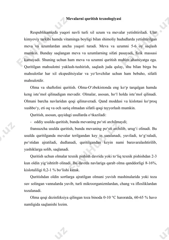tish-tushirish ishlariga chidamsiz bo‘lganligi sababli, quritish hamda turli usullarda qayta ishlash mahsulotni yil davomida iste’mol qilish imkonini beradi. o‘zbekiston sharoitida shaftolining turli navlari uzoq muddat davomida, ya’ni iyuldan oktabrning oxirigacha pishib yetilishi sababli quritish imkoni boshqa mevalarga nisbatan birmuncha ko‘proqdir. quritish uchun qanddorligi va quruq moddalar miqdori (12-18%) bo‘lgan, yirik, tuksiz navlaridan foydalaniladi. shaftolini ikki usulda: danagi bilan yoki danaksiz quritish mumkin. danaksiz quritishda yuqori sifatli, yaxshi pishib yetilgan, quritish uchun belgilangan navlar oltingugurt bilan dudlanadi. quritishdan oldin yirik-maydaligiga, pishish darajasiga qarab saralangandan keyin, dudlashdan oldin tukli shaftolilarga ishqor eritmasi bilan ishlov beriladi. shundan keyingina po‘stini ajratish yengillashadi. navlarga ajratilgan shaftolini patnislarga 2-4 kg dan solib, 1-3 % li kaustik soda eritmasida 30-90 sekund saqlanadi, keyin sovuq suv bilan yuvish tavsiya etiladi. so‘ngra po‘stidan ajratilgan mahsulot ikkiga ajratilib, danagi olingandan keyin, ichki tomonini yuqoriga qaratgan holda patnislarga qo‘yib dudlash o‘tkaziladi. po‘stidan ajratilgan hamda danagi olingan shaftoli, danagi butun holida po‘sti …