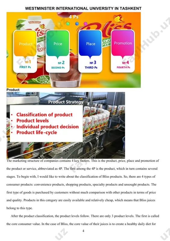 s trolls” and “bliss smile”. the next stage of individual product decisions is packaging. the packaging of bliss juices belongs to the category of primary packaging. this means that the packaging is made exclusively for the content and protection of the finished product from the outside world. the last point of individual product decisions is labeling. the bliss juices labeling contain all the necessary information, including: composition, nutritional and energy value, production date, shelf life, storage conditions, and a little advice on how to use and store the juice. the last stage of the product is its life-cycle. fruits for juices are collected in the gardens of uzbekistan and carefully sorted. after that, the fruits are taken to a special base, where they are washed and crushed to a homogeneous mass. air and oxygen bubbles are removed from the homogeneous mass, and then heat treatment is carried out, so that …