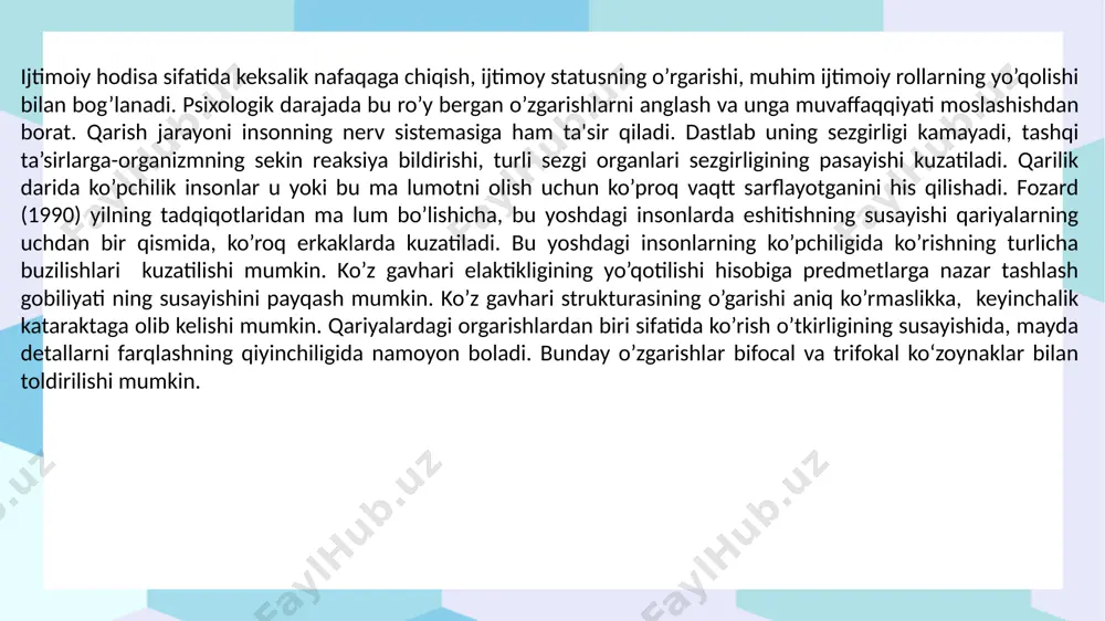 ata tushunchasi (vita hayot, auktum - chôzmog) olim tomonidan taklif etilgan moslashuv – boshqaruv nazariyasining muhim tarkibiy qismi hisoblanadi. keksayish evolutsion jihatdan dasturlashtirilib, genetik kodga kiritilishi hagidagi tasavvur, hujayralarning buzilishi bilan bog’liq, g’oyalar biologik naza-nazariyalarga misol bo’ladi. keksalik ijtimoiy muammo sifatida, ijtimoiy nazariyalarga "erkinlik" hamda „o’yindan chiqish" nazariyala ri misol bo’la oladi. jamiyatdan uzoqlashuv, motivatsiyaning o’zgarishi, kommunikativlikning pasayishi, o’z ichki dunyosiga o’ralashib qolish kabilarda kuzatiladi. jamiyatdan uzoqlashish ilgarigi ijtimoiy rollarning yo’qolishi, sog’liqning yomonlashuvi, topish -tutushning kamayishi, yaqin kishilarning yo’qotilishi yoki uzoqlashishida namoyon bo’ladi.bu jarayon insonning nafaqaga chiqishi bilan boshlanadi, lekin qari inson ishxonada nimalar bo’layotganiga qizigib turadi, lekin sekinlik bilan bu ham to’xtaydi. insonga keladigan ma’lumotlar kamayib boradi, qiziqishlar doirasi torayadi, faolligi pasayadi ,qarish jarayoni tezlashadi. faollik nazariyasi (yangi bandlik") jamiyatdan uzoqlashish nazariyasiga qarama - qarshidir. foollik nazariyasi keksalarni jamiyat hayotiga tortish , ular qanchalik faol bôlsa, ulardan hayotdan qoniqanlik darajasi yuqori bo’ladi, degan g’oyaga asoslanadi. uzluksis hayot yo’li konsepsiyasi …