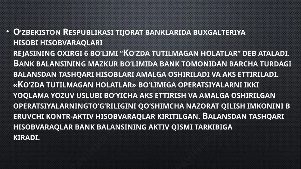 bo’yicha yuritiladigan hujjatlar shular jumlasidandir. bu hisobvaraqlardagi qoldiq bank balansiga ta’sir etmaydi. shuning uchun bunday hujjatlar balansdan tashqari hisobvaraqlar bo’yicha hujjatlarga kiritiladi. bu guruhlarning har biriga korxona va tashkilotlar tomonidan to’ldirilgan hujjatlar hamda bank tomonidan to’ldirilgan hujjatlar kiradi. banklarda operatsiya tugagandan so’ng barcha hujjatlar «tijorat banki bo’limlarida, hududiy boshqarmalar va bosh tijorat banklarida axborotni ximoyalash va mansabdor shaxslarning axborot but saqlanishi uchun javobgarligi to’g’risida»gi qoidalarga asosan arxivlanadi. hujjatlarni saqlashga tayyorlash bilan ularni papkalarga tikishni bajaruvchi xodim shug’ullanadi. buxgalteriyada o’tkazilgan kirim va chiqim hujjatlar, har bir ish kuni uchun, debetlangan balans hisobvaraqlarining nomerlari ortib borishi tartibida papkalarga tikiladi. /docprops/thumbnail.jpeg