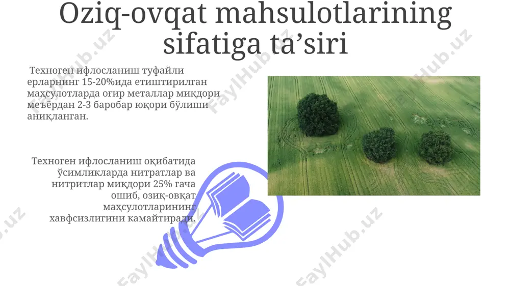 i foydali bakteriyalar va zamburug'lar sonini 40% gacha kamaytirib, bioxilmaxillikka salbiy ta'sir ko'rsatadi. og'ir metallarning to'planishi tuproqdagi biologik faollikni 50% gacha pasaytirib, bioxilmaxillik yo'qotilishiga va unumdorlikning keskin pasayishiga olib keladi. havoning ifloslanishi va oʻsimliklarga taʼsiri pestitsidlarning ortiqcha qoʻllanilishi tuproq mikroflorasining xilma-xilligini 40% gacha kamaytiradi, bu esa oʻsimliklarning kasalliklarga chidamliligini pasaytiradi va oʻsimliklarning oʻsishini susaytiradi. texnogen ifloslanish tuproqning unumdorligini 15-30% gacha pasaytirishi mumkin, bu oʻsimliklarning oʻsishini sekinlashtiradi va hosildorlikni sezilarli darajada kamaytiradi. texnogenez ifloslanishini nazorat qilish usullari 01 02 tuproq unumdorligini oshirish va ifloslanish darajasini pasaytirish uchun agrotexnik tadbirlarni (masalan, aylanma dehqonchilik) qo'llash orqali 10% ga hosildorlikni oshirish mumkin. sales 1st qtr 2nd qtr 100 0 sales 1st qtr 2nd qtr 100 0 e'tiboringiz uchun rahmat @taqdimot_robot image4.jpg image5.jpg image6.jpg image7.jpg image8.jpg image9.jpg image10.jpg image11.jpg image12.jpg image13.jpg image14.jpg image15.jpg image1.jpeg image2.jpeg image3.jpeg