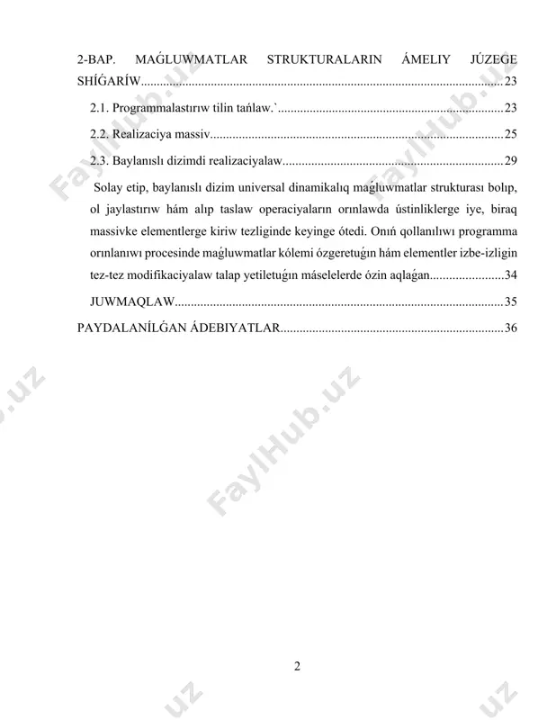 heńlikti támiyinleydi. stek hám náwbet, óz gezeginde, esaplaw proceslerin shólkemlestiriwde, anlatpalardı qayta islewde, wazıypalardı rejelestiriwde keń qollanıladı, dek bolsa ózinde bir waqıttıń ózinde eki strukturanıń imkaniyatların birlestiredi. usı kurs jumısınıń maqseti maǵluwmatlardıń tiykarǵı sızıqlı strukturaların izertlew hám salıstırmalı analizlew, olardıń tiykarǵı operaciyaların programmalastırıw tilinde ámelge asırıwdan ibarat. qoyilgan maqsetke erisiw ushin tómendegi wazıypalardı sheshiw kerek: 1. massivler, baylanıslı dizimler, stek, náwbet hám dektiń teoriyalıq tiykarların kórip shiģiw. 2. hárbir strukturanıń abzallıq hám kemshiliklerin úyreniw. 3. programmalıq kodta maǵluwmatlar strukturaları ústinde tiykarǵı ámellerdi ámelge asırıw. 4. kórip shigilgan strukturalardıń nátiyjeliligin salıstırmalı analiz etiw. 5. olardıń hár biriniń ámeliy qollanılıw tarawların anıqlaw. izertlew predmeti - programmalastırıwda massivler, baylanıslı dizimler, stekler, gezekler hám deklerdi ámelge asırıw usılları hám olardan paydalanıw ózgeshelikleri. solay etip, bul jumıs maǵlıwmatlardıń tiykarǵı strukturaların kompleksli úyreniwge qaratılǵan bolıp, bul tek ǵana teoriyalıq bilimlerdi tereńlestiriw emes, al olardı ámeliy ámelge asırıw hám tallaw arqalı bekkemlew imkaniyatın beredi. 1-bap. maǵluwmatlar strukturalaríníń …