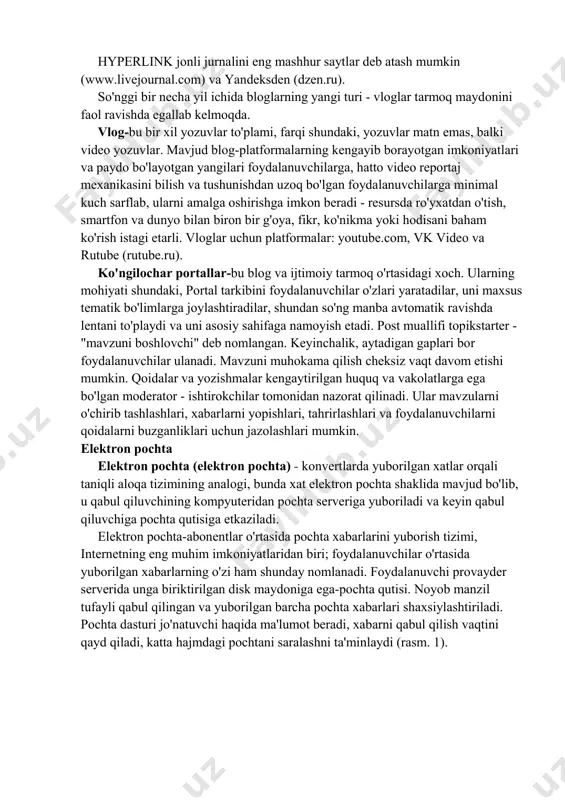 to'ldiriladigan yozuvlar to'plami. "blog" (blog) atamasi kelib chiqadi veb-logging - veb-jurnal. umuman olganda, bu internetda nashr etilgan boshqa manbalarga izohli havolalarni o'z ichiga olgan shaxsiy yozuvlar. shu nuqtai nazardan, birinchi blog berners-li tomonidan world wide web loyihasining rivojlanishi haqidagi yangiliklarni nashr etganda yaratilgan. birinchi bloglar 1996 yilda paydo bo'lgan, ammo 1999 yildan boshlab taniqli va mashhur hodisaga aylandi.so'nggi yillarda internetda juda ko'p sonli jamoalar paydo bo'ldi, ularning materiallari blog texnologiyasidan foydalangan holda mualliflari tomonidan yaratilgan. mualliflar yangiliklar va yangiliklar sharhlarini nashr etadilar. hozirgi kunda bloglar yozuvlarning tuzilishi bilan emas, balki yangi yozuvlarni qo'shish qulayligi bilan ajralib turadi. foydalanuvchi shunchaki veb-serverga murojaat qiladi, identifikatsiya jarayonidan o'tadi va o'z to'plamiga yangi yozuv qo'shadi. server ma'lumotni xabarlar ketma-ketligi sifatida taqdim etadi va eng so'nggi xabarlarni eng yuqori qismiga joylashtiradi. bloglarning o'ziga xos xususiyatlari: * yozuvlarning teskari tartibi-eng so'nggi yangi yozuvlar yuqoridan e'lon qilinadi. qoida tariqasida, birinchi sahifadagi blog faqat so'nggi yozuvlarni nashr etadi, …
