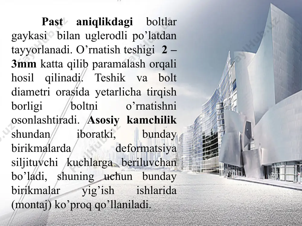 dan 1-1,5 mm kattaroq qilib ochiladi (8.2-rasm). 8.2-rasm. parchinli birikma parchinlar tuzilishi har xil bo’ladi, 8.2 - rasmda ko’rsatilgan parchin mixli birikmalar eng ko’p tarqalgan: 3.a. kallagi yarim doirali, 3.v-yarim yashirin kallakli va 3.g- kuchaytirilgan kallakli parchinlar va ularni o’rnatish ko’rsatilgan. 3 – rasm. parchin mixli birikmalar hosil qilish yashirin va yarim yashirin o’rnatilgan parchinlarni cho’zilishga ishlovchi birikmalarda ishlatmaslik tavsiya etiladi. birikmalarni loyihalashda diametrlari bir xil bo’lgan parchin mixlar qabul qilish tavsiya etiladi. etiboringiz uchun raxmat! image2.jpeg image3.jpeg image4.jpeg image5.jpeg image6.wmf image7.wmf image8.wmf image9.png oleobject1.bin image10.png image11.png image12.jpeg image13.png image14.png image15.png image16.png image17.png image18.png image19.png image20.png image21.png image22.png image23.png image24.png image25.png image26.png image27.png image28.png image29.png image30.jpeg в вs s в аr n n g £ min t d r n в вр в å £ g вп вz в а r n £ /docprops/thumbnail.jpeg