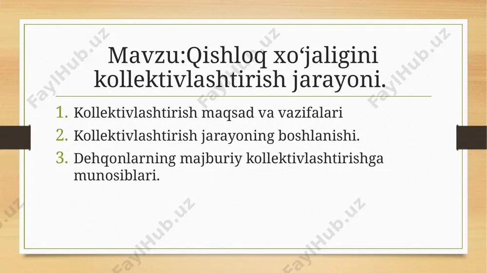 a sanoat xomashyosining tobora ortib borayotgan tanqisligi edi. bu muhim muammoni hal qilish uchun qishloq xoʻjaligini toʻliq kollektivlashtirish boshlandi. uni amalga oshirish boshlangan sana 1927 yil 19 dekabr – kpss (b) xv s’ezdi ishi yakunlangan kun qishloq hayotida burilish nuqtasi bo’ldi. qadimgi, ko’p asrlik hayot tarzining zo’ravonlik bilan parchalanishi boshlandi. jarayonining boshlanishi. partiya qurultoyi tashabbusi bilan boshlangan jarayon davom etdi va keyingi yil mamlakatning salmoqli qismini qamrab oldi. kolxozlarga rasman qo’shilish ixtiyoriy deb e’lon qilinganiga qaramay, ko’p hollarda ularni tuzish ma’muriy-majburiy choralar bilan amalga oshirilgan. 1929 yilning bahorida sssrda qishloq xo'jaligi vakillari paydo bo'ldi - dalaga sayohat qilgan va eng yuqori davlat hokimiyati vakillari sifatida kollektivlashtirish jarayoni ustidan nazoratni amalga oshirgan amaldorlar. ularga ko'p sonli komsomol otryadlari yordam ko'rsatib, qishloq hayotini tiklash uchun safarbar qilingan. dehqonlarning majburiy kollektivlashtirishga munosabati haqiqiy rasm tashviqot agentliklari taqdim qilmoqchi bo’lganidan tubdan farq qilar edi. dehqonlardan g’allaning zo’rlik bilan tortib olinishi, keng ko’lamli hibsga olishlar …