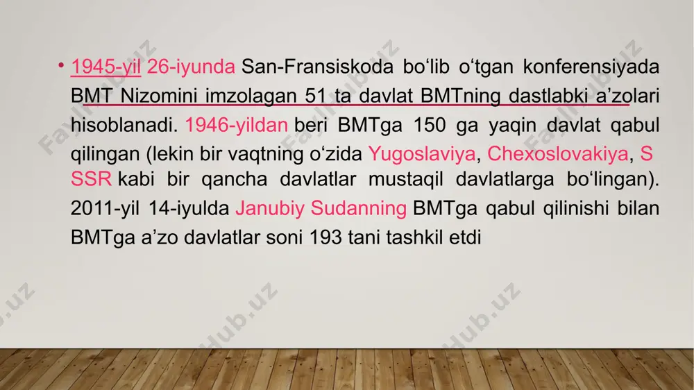 yilda tashkil etilganidan buyon bmt xalqaro miqyosda tinchlik va xavfsizlikni saqlash, barqaror rivojlanishni ta’minlash, inson huquqlarini himoya qilish va rag‘batlantirishda markaziy muvofiqlashtiruchi rol o‘ynaydigan chinakam universal xalqaro tuzilmaga aylandi”. barqaror rivojlanish sohasidagi maqsadlar yer yuzida qashshoqlikka barham berish, atrof-muhit va iqlimni himoya qilish hamda dunyodagi barcha kishilar tinchlik va ravnaq topishdan bahramand bo‘lishini ta’minlash bo‘yicha global miqyosda harakat qilishga da’vatdir. bmt o‘zbekistonda amalga oshirish uchun harakat qilayotgan maqsadlar: o‘zbekistonning bmt bilan hamkorligi so‘nggi besh yilda mutlaqo yangi darajaga ko‘tarildi. prezident shavkat mirziyoev bmt bosh assambleyasining 72-sessiyasida, 2020 yil 25 sentyabrda videokonferensiya shaklida tashkil etilgan 75-yubiley sessiyasida, shuningdek, 2021 yilda bmtning inson huquqlari bo‘yicha kengashining 46-sessiyasida onlayn formatda va bosh assambleyaning 76-sessiyasida ma’ruza qildi. ularda o‘zbekistonning xalqaro va mintaqaviy xavfsizlikni mustahkamlash, ta’lim, ma’naviyat, ekologiya, turizmni yanada rivojlantirish, inson huquqlarini himoya qilish va boshqa sohalarga taalluqli tashabbuslar bilan chiqdi. bmtning fuqaroligi yo‘q shaxslar sonini qisqartirish borasidagi chaqiriqlariga javoban 2020 yilda “o‘zbekiston respublikasi …
