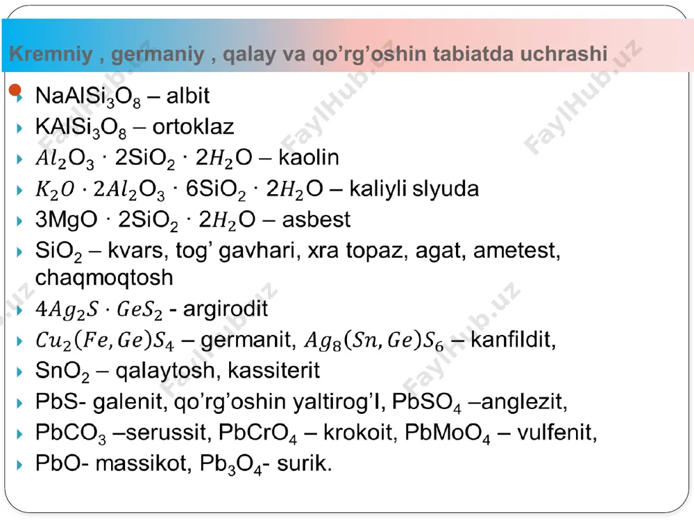 y (iy) xlorid (rangsiz, tiniq suyuqlik ) hosil boladi: si + 2cl2 = sicl4 anchagina yuqori haroratda (1000os) kremniy azot bilan ta’sirlashganda kremniy nitrid olinadi: 3si + 2n2 = si3n4 14 kremniyning bor bilan ta’siri ham yuqori haroratda amalga oshib, turli tarkibli birikmalar : sib3 sib 6 olinadi. kremniy bilan uglerod (2000os) o’zaro ta’sirlashib sic( korborund) hosil qiladi. sic d=3,17 qattiqligi jihatidan olmosga yaqin, uning suyuql. harorati 1830s. kremniy ishqorlarning suyultirilgan eritmalari bilan ta’sirlashib silikatlar hosil qiladi ba bu reaksiyada vodorod ajraladi: si + 2naoh + h2o = na2sio3 + 2h2 kremniy faqat ftorid kislotasida erib, boshqa kislotalarda erimaydi: 3si+4hno3+18hf=3h2[sif6]+4no+8h2o bunda h2[sif6] vodorod geksaftorosilikat kislotasi hosil bo’ladi u faqat eritmada mavjud bo’ladi. 15 silitsidlar. metallarning kremniy bilan hosil qilgan birikmalari ular karbidlardan tubdan farq qiladi. silitsidlar bog’lanish ionli-kovalentdan metallgacha o’zgaradi. kremniyning metallar bilan ta’sirida kremniy oksidlovchi bo’ladi: 2mg + si = mg2si shunga o’xshash silitsidlar ca, fe, cu, bi bilan …