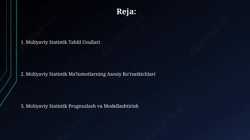 oydasi 5 million aqsh dollaridan oshdi, bu esa o'sish sur'atlarining yuqori ekanligini bildiradi. o'zbekiston respublikasi bo'yicha 2024-yilgi prognozlarga ko'ra, yalpi ichki mahsulotning 7% ga o'sishi kutilayotir, bu esa inflyatsiya darajasini 10% atrofida ushlab turishni talab qiladi. moliyaviy statistika kelajagi sun'iy intellekt (ai) yordamida firibgarlikni aniqlash tizimlari 2030 yilda aqshda 95% ga yaqin aniqlik bilan ishlaydi, bu esa moliyaviy jinoyatchilikni sezilarli darajada kamaytiradi. markaziy osiyo mamlakatlarida, xususan o'zbekistonda, 2028 yilga kelib, moliyaviy statistika sohasida blockchain texnologiyalari qo'llanilishi 15% ga o'sishi va transparentlikni oshirishi kutilmoqda. xavfni baholash va boshqarish ўзбекистондаги кичик ва ўрта бизнес субъектларининг 30%и молиявий хавфларни баҳолашга еттарли ресурсларга эга эмас, бу эса 2023 йилда 15% гача иш ўринларининг йўқолишига олиб келиши мумкин. самарқанд вилоятидаги қишлоқ хўжалиги корхоналарининг 70%и табиий офатлар туфайли юзага келадиган молиявий хавфларни суғурта қилмайди, бу эса ҳар йили ўртача 2 миллион ақш доллари миқдорида зарар келтиради. statistika usullari va texnikalari samarqand davlat universitetida o'tkazilgan tadqiqotda 100 …