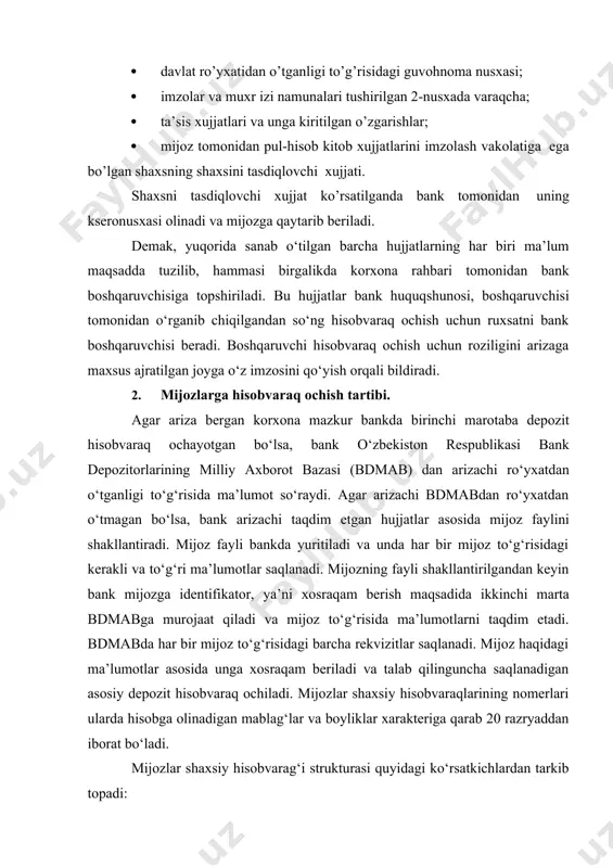iqlanadi, valuta kodi “jahon mamlakatlari va valutalari tasniflagichi” asosida belgilanadi. nazorat kaliti, xosraqam va tartib nomeri bdmab xizmat ko‘rsatish markazida beriladi. o‘zbekiston respublikasi banklarida axborotga komputerlarda ishlov berish, hisob yuritish va hisobot ishlarini soddalashtirish maqsadida shaxsiy hisobvaraqlarga nomerlar yagona qoidalar asosida belgilanadi. asosiy shaxsiy hisobvaraqda uning tartib nomeri 001 dan 999 gacha bo‘lishi mumkin. barcha hisobvaraq nomerlari bankda 61-shakldagi daftarda qayd etiladi. shaxsiy hisobvaraq nomerlari bank bosh buxgalteri tomonidan imzolar va muhr nomunalari tushirilgan varaqchalarga hamda hisobvaraq ochish haqidagi mijozning arizasiga yozib qo‘yiladi. 3. mijozlarning hisobvaraqlarini yuritish tartibi. mijozlarning talab qilinguncha saqlanadigan depozit hisobvaraqlardagi mablag‘lari bank uchun mablag‘larining manbalari hisoblanadi. ulardagi mablag‘lar bank balansining passiv qismida hisobga olib boriladi. mijozlarning depozitlari bo‘yicha hisobvaraqlari mazmunan passiv hisobvaraqdir. shuning uchun hisobvaraqning saldosi (qoldig‘i) uning kredit tomonida bo‘lib, mablag‘larning kelib tushishi ham kreditda, mablag‘larning kamayishi hisobvaraqning debet tomonida aks ettiriladi. mijozlarning depozit bo‘yicha hisobvaraqlaridan to‘lovlar shu hisobvaraq qoldig‘i chegarasida o‘tkazilishi lozim. talab qilinguncha …
