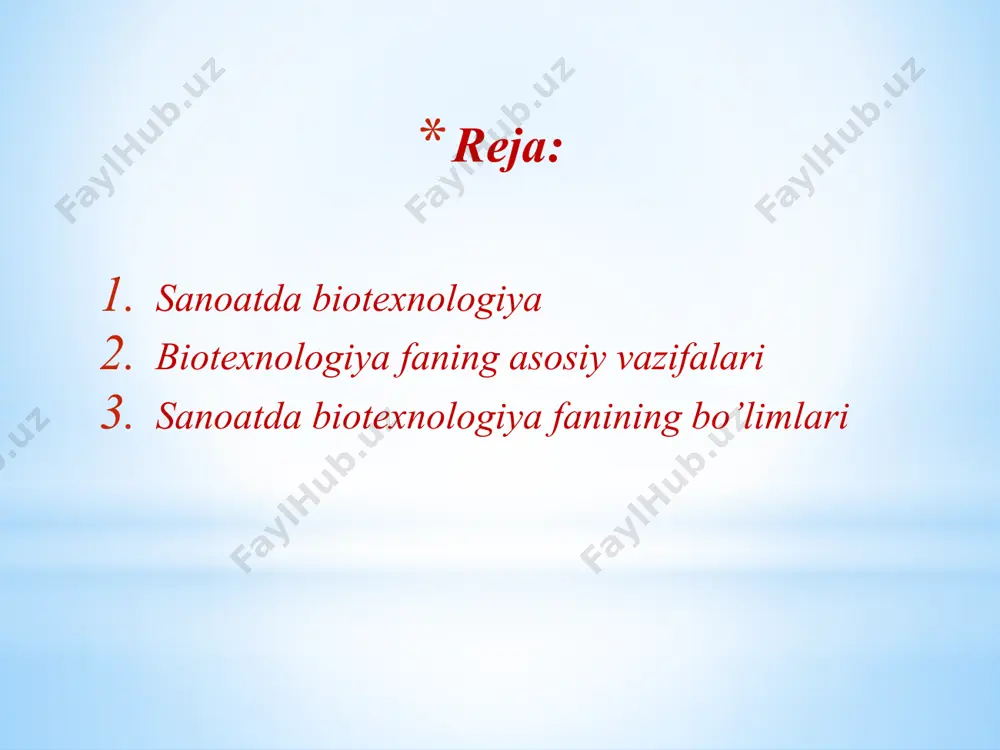 ishloq xujaliy biotexnologiyasi, ishlab chiqarish biotexnologiyasi, tibbiyot biotexnologiyasi, immunobiotexnologiya, ekologik biotexnologiya, biogeotexnologiya va boshqa soxalar. ushbu soxalar bo’yicha biotexnologiya fanini o’rganishda batafsil o’rganiladi. 70-yillaridan boshlab eng yangi biotexnologiya, ya'ni molekulyar biotexnologiya shakllana boshladi. bu fanning bir qismi sanoat mikrobiologiyasi va kimyo injenerlik sohalarining yutuqlariga asoslangan bo'lsa, uning molekulyar qismi mikroorganizmlarning molekulyar genetikasi, molekulyar biologiyasi va nuklein kislotalarning enzimologiyasi kabi fan tarmoqlarining yutuqlariga asoslangan. sanoatda biotexnologiya esa tabiiy biologik obyektlardan foydalangan holda turli mahsulotlarni ishlab chiqarish usullari va texnologiyalaridan iborat o'zbekistonda biotexnologiyaning rivojlanishi va shakllanishini o'zrfa akademigi o.s.sodiqov nomidagi bioorganik kimyo institutining tashkil etilganidan ham bilishimiz mumkin. ayni shu institutda birinchilardan bo’lib, tabiiy biologik faol modda — gossipolning polimorf kompleks hosil qilishi isbotlangan va uning asosida yigirmadan ortiq yangi dorivor moddalar va boshqa preparatlar ishlab chiqilgan. bularga misol qilib, viruslarga qarshi ishlatiladigan 3% li gossipol linimcnti, immunomodulyator — timoptin, qon to'xtatuvchi «lagoden», xlamidiyaga qarshi qo'llaniladigan dorivor vosita «polinil» va boshqalarni keltirib …
