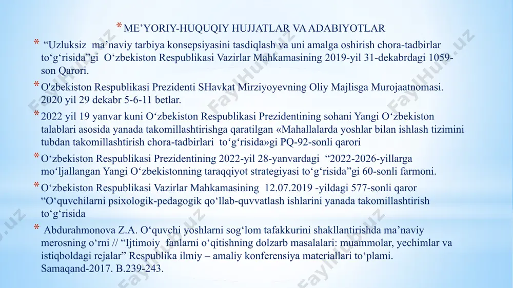 azmunli tashkil etish, milliy xalq oʻyinlari va sport turlarini yoshlar orasida ommalashtirish, besh muhim tashabbus loyihalari, yoshlar festivallari va boshqa madaniy-ma’rifiy tadbirlarni amalga oshirish, yoshlarning ijtimoiy faolligini oshirish, iqtidori, iste’dodi va tashabbuslarini ragʻbatlantirish hamda hayotda oʻz oʻrnini topishlariga koʻmaklashish, yoshlarni vatanparvarlik ruhida tarbiyalash hamda ularning intellektual jihatdan kamol topishini va ma’naviy rivojlanishini ta’minlash. muammo yuzasidan xorijiy tajribalarni o‘rganilganligi ota-onalarning farzand tarbiyasiga befarqligi, mahalla faollarining maktabdagi tarbiya va davomat masalasiga e’tiborsizligi yaponlar farzandlari bilan 5 yoshgacha shoh bilan gaplashgandek muomala qilishadi, 5 yoshdan 15 yoshgacha qul bilan gaplashgandek, 15 yoshdan keyin esa tengdoshi bilan gaplashgandek muomala qilishadi. 15 yoshli o„smir - o„zining majburiyatlarini yaxshi biladigan, va qoidalarga bo„ysinadigan yoshdagi katta odam deb hisoblanadi. xitoyliklarning ―bir yilni ko‘zlasangiz sholi eking, ellik yilni ko‗zlasangiz daraxt eking, yuz yilni ko‗zlasangiz farzand tarbiyalang‖ degan hikmatidan bugungi kunda zamonaviy davlatlarning deyarli barchasi samarali foydalanmoqda qiyosiy tahlil etilganligi amaldagi holat (o‘zbekistonda) bugungi kunda jahonda kechayotgan ma’naviy tahdidlar …