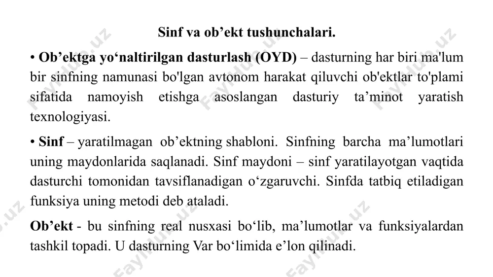 in. quasar modelida dvigatelga yoqilqini sepuvchi injektor sistemasi va star modelidagi korbyurator o'rniga turbokompressor o'rnatilgan bo'lishi mumkin. lekin foydalanuvchi bu farqlarni bilishi shart emas. u rulga o'tirgach oddiygina akselatorni bosadi va avtomobilning mos reaktsiyasini kutadi. c++ tili bir xil nomdagi funktsiya turli ob'ekt tomonidan ishlatilganda turli amallarni bajarishi imkoniyatini ta'minlaydi. bu funktsiya va sinfning polimorfligi deb nomlanadi. poli – ko'p, morfe – shakl degan ma'noni anglatadi. polimorfizm – bu shaklning ko'p xilligidir. bu tushunchalar bilan keyinchalik batafsil tanishamiz. sinflar va sinf a'zolari. yangi tip sinfni e'lon qilish bilan tuziladi. sinf - bu bir – biri bilan funktsional orqali bog’langan o'zgaruvchilar va metodlar to'plamidir. sinflarga amaliyotdan ko'pgina misollar keltirish mumkin. masalan, avtomabilni g’ildirak, eshik, o'rindiq, oyna va boshqa qismlardan tashkil topgan kollektsiya yoki haydash tezligini oshirish, to'xtatish, burish imkoniyatlariga ega bo'lgan ob'ekt deb tasavvur qilish mumkin. avtomobil o'zida turli eqtiyot qismlarni va ularni funktsiyalarini inkapsulyatsiya qiladi. avtomobil kabi sinfda ham inkapsulyatsiya …