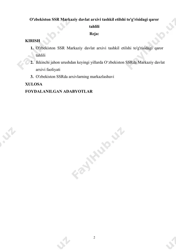 yurtimiz, uning jafokash odamlari tanasida o‘chmas dog‘-hasrat qoldirdi. u ajdodlarimizni ma’nan va ruhan qo‘llab-quvvatlab kelgan asl ma’naviy qadriyatlarni zavol toptira borib, ularning jismi-jonida mavj urib kelgan milliy istiqlol va erk tuyg‘ularini asta-sekin so‘ndirishga o‘rinib keldi. yurtimiz tuprog‘ini qonga belagan chor zobitlaridan biri, qonxo‘r general skobelevning: “millatni yo‘q qilish uchun uni qirish shart emas, uning madaniyatini, san’atini, tilini yo‘q qilsang bas, tez orada o‘zi tanazzulga uchraydi”, deb aytgan behayo so‘zlari bekorga aytilmagan, albatta. [1: mirziyoyev. sh. m – qonun ustuvorligi va inson manfaatlarini ta’minlash – yurt tarqqiyoti va xalq faravonligining garovi. toshkent., 2016.] 1. o'zbekiston ssr markaziy davlat arxivi tashkil etilshi to'g'risidagi qaror tahlili o‘zbekiston respublikasi markaziy davlat arxivi o‘zbekiston ssr sovet ministirligining 1958-yil 20-noyabrda 759-son qarori asosida, 1931-yildan faoliyat ko‘rsatib kelayotgan oktyabr inqilobi markaziy davlat arxivi va markaziy davlat tarix arxivining birlashtirilishi natijasida tashkil etilgan. o‘zbekiston respublikasi markaziy davlat arxivida saqlanayotgan qimmatbaho hujjatlarning soni va mohiyati jihatdan o‘rta osiyo respublikalari …