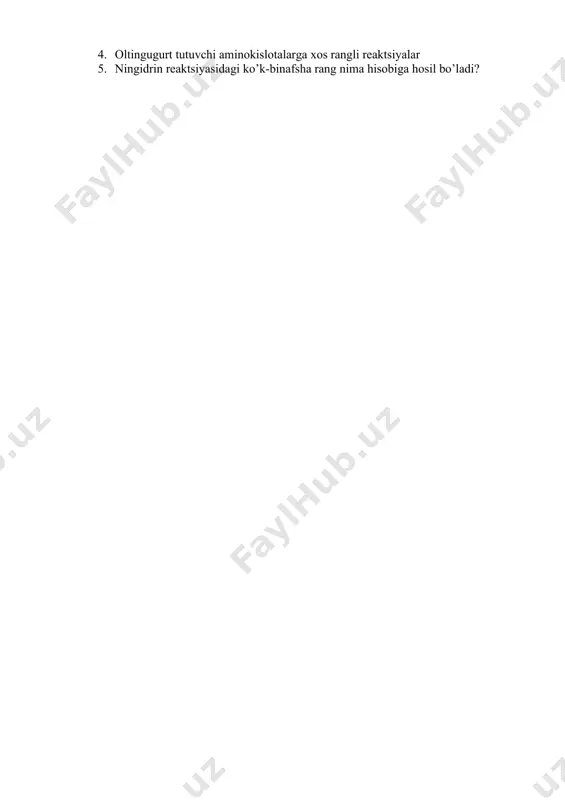 minokislotasi borligini ko`rsatadi. fol reaksiyasi. bu reaksiya oqsil tarkibida oltingugurt atomlari tutgan tistin va tistein aminokislotalari borligini aniqlash uchun o`tkaziladi. tistin va tistein aminokislotalari tarkibida mustahkam bog`lanmagan holdagi oltingugurt molekulalari uchraydi. shu sababli bu aminokislotalarga natriy ishqoriga qo`rg`oshin atsetat eritmasi qo'shilgan aralashma ta`sir ettirilganda, aminokislota tarkibidan oltingugurt molekulalari ajralib chiqib, qo`rg`oshin molekulalari bilan qo`shiladi. natijada. bu aralashma qo`rg`oshin sulfid tuzi (pbs) ga, tistin va tistein aminokislotalari serin aminokislotasiga aylanadi. ayni vaqtda probirkada qora rangli cho`kma hosil bo`ladi. bu reaksiya quyidagicha boradi: filtratdagi tistein yoki tistin aminokislotalarining miqdoriga ko`ra reaksiya vaqtida hosil bo`lgan cho`kmaning rangi har xil bo`ladi. masalan, aminokislotalar miqdori kam bo`lsa. cho`kma qo`ng`ir, ko`p bo`lsa qora rangda bo`ladi. bu mashg`ulot kuyidagicha o`tkaziladi. tekshiriladigan oqsil eritmasidan probirkaga 5-10 tomchi solib, unga 5-10 tomchi fol reaktivi qo`shib qaynatilali. 1-2 minutdan so`ng aralashmada qo`ngir yoki qora cho`kma hosil bo`ladi. eritma tayyorlash usuli kitob oxirida berilgan. ningidrin reaksiyasi. oksilli filtratga bir necha tomchi …