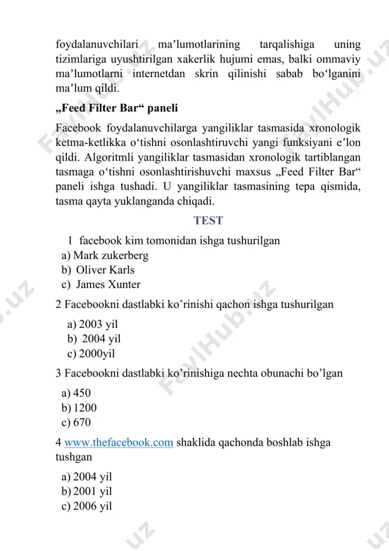 duardo saverin b) mark zukerberg c) dastin moskovits 6 facebook yaratilishida qatnashga dasturchi a) dastin moskovits b) mark zukurberg c) eduardo saverin 7 facebook yaratilishida qatnashgan badiiy rassom a) endryu mok-kolum b) mark zukurberg c) eduardo saverin 8 nechinchi yilga kelib facebook kompaniya sifatida ishga tushadi a) 2004 yil o’rtalarida b) 2006 yil oxirida c) 2003 yil bahorida 9 facebook kompaniyasining birinchi prezidenti a) shon parker b) mark zukurberg c) eduardo saverin 10 qaconga kelib kompaniya nomidagi “ the “ artikilini olib tashab facebook.com domenini 200 000 aqsh dollorga sotib oladi a) 2005 yil b) 2004 yil c) 2006 yil