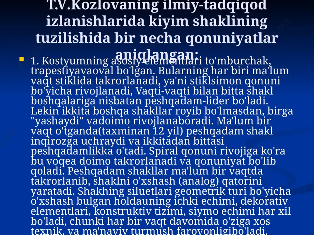adi, ya'ni ichki bo'linishlarivadetallarida, rang vafakturada. kostyumning muayyan shakli doimo o'zgaradi, ammo u xech qachon butunlay yo'qolmasdan vaqt sari o'zgaradi. paydo bo'lish va rivojlanish davrlarida kosryum shakliga ichki terbanish, kattalanish yoki siqilish, transformastiya, akstentnibir qismdan boshqasiga o'tishi mansub. bu juda muhim, chunki shaklni ma'naviy eskirishi va uzoq yashashi zamonaviy dizaynni murakkab savollaridan biridir. 4. vaqt sari shaklni o'zgarishi tursunlik va noturmnlik bilan bosliq, ya'ni uni elementiafmi stabilligi va mobilligi bilan. shakhing har xil qismlari turli turrunlik darajasiga ega. ba'zi elemaitlariganoturmnlik umuman mansub emas, ular shakl tarkibiga bevosita ta'sir elmasa ham, bevosita uni shaklllanishiga yoki inqiroziga sabab bo'ladi. ularga chiziqlar, rang, faktura, bezak vab. kiradi. shakl tark to i v a konstrukstiy as i esa turrun elementlaridir. 5. tarkibni о 'zgarishi b ir onda ro 'y bermaydi. awal xarakat, ко'chish, uni ichki elementlarini tangligini o'zgarishi ro'y baadi. ular shaklni rivojlanish yo'nalishnihosilqiladlya'niusishniyoki inqirozni.shakl o'z oxirgi chegarasiga etib, doira, kvadrat yoki uchburchakka maksimal …
