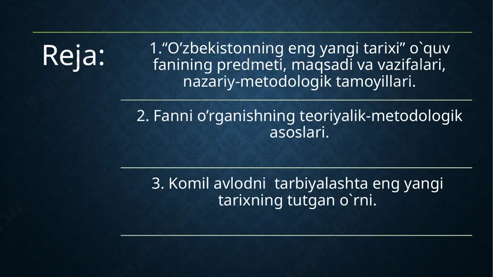 staqillik yillarida mamlakatda amalga oshirilayotgan ijtimoiy-siyosiy, iqtisodiy, ma`naviy sohalardagi islohotlar va ularning bosqichlarini ko’rip shiqadi. o`zbekistonning eng yangi tarixi darsi o`zbekistonning jahon hamjamiyatiga har tomonlama integratsiyasini, xalqaro munosabatlar, xavfsizlik, millatlararo totuvlik va diniy bag`rikenglikni ta`minlash, tinchliksevar tashqi siyosat kabi masalalarning ilmiy va amaliy ahamiyati ochib beriladi. fanni o`qitishning maqsadi – mustaqillik yillarida o`zbekiston respublikasida yuz bergan muhim o`zgarishlar, tub islohotlarning mazmun-mohiyatini ko`rsatish va jamiyat hayotida talabaning o`rnini, o`zligini anglatishdan iborat. fanni o`qitishning vazifalari – mustaqillikka erishish arafasida o`zbekistonda yuzaga kelgan murakkab vaziyatni hamda mustaqillik yillarida davlat boshqaruvi, ijtimoiy-iqtisodiy, siyosiy va ma`naviy hamda boshqa sohalardagi islohotlarning mazmun-mohiyatini talabalarga tushuntirib berish/ fan bo`yicha talabalarning bilim, ko`nikma va malakalariga quyidagi talablar kuyiladi. talaba: mustaqillikka erishish arafasida o`zbekistonda yuzaga kelgan murakkab vaziyatni, ularning sabablari va oqibatlarini; mustaqillik yillaridagi o`zgarishlarni, o`zbekistonning eng yangi tarixi masalalarini, zamonaviy jarayonlarda o`zbekistonning jahon hamjamiyatidagi o`rnini tarixiylik va xolislik nuqtai nazaridan bilishi kerak. o`zbekistonning eng yangi tarixi darsi o`zbekistonning eng …
