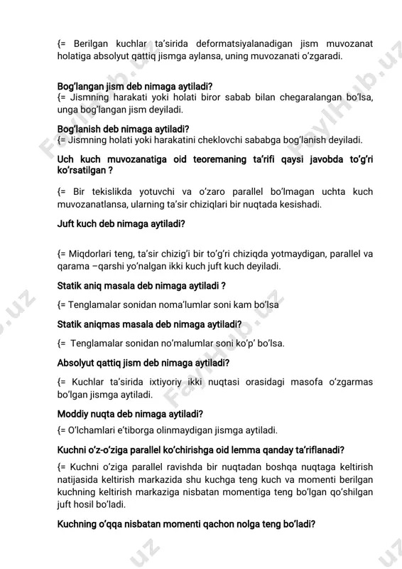 ga oid teoremaning ta’rifiqaysijavobda to’g’ri ko’rsatilgan? {= bir tekislikda yotuvchiva o’zaro parallelbo’lmagan uchta kuch muvozanatlansa,ularningta’sirchiziqlaribirnuqtadakesishadi. juftkuchdebnimagaaytiladi? {=miqdorlariteng,ta’sirchizig’ibirto’g’richiziqdayotmaydigan,parallelva qarama–qarshiyo’nalganikkikuchjuftkuchdeyiladi. statikaniqmasaladebnimagaaytiladi? {=tenglamalarsonidannoma’lumlarsonikam bo’lsa statikaniqmasmasaladebnimagaaytiladi? {=tenglamalarsonidanno’malumlarsoniko’p’bo’lsa. absolyutqattiqjism debnimagaaytiladi? {= kuchlarta’sirida ixtiyoriy ikkinuqtasiorasidagimasofa o’zgarmas bo’lganjismgaaytiladi. moddiynuqtadebnimagaaytiladi? {=o’lchamlarie’tiborgaolinmaydiganjismgaaytiladi. kuchnio’z-o’zigaparallelko’chirishgaoidlemmaqandayta’riflanadi? {=kuchnio’zigaparallelravishdabirnuqtadanboshqanuqtagakeltirish natijasidakeltirishmarkazidashukuchgatengkuchvamomentiberilgan kuchningkeltirishmarkaziganisbatanmomentigatengbo’lganqo’shilgan jufthosilbo’ladi. kuchningo’qqanisbatanmomentiqachonnolgatengbo’ladi? {=agarkucho’qqaparallelyokikuchningta’sirchizig’io’qnikesibo’tsa, kuchningo’qqanisbatanmomentinolgateng. kinematikabo’limidaasosannimalaro’rganiladi? {=jismlarningharakatinimazkur jismlarning massasiva ularnita’sir etuvchi kuchlarga bog’lamay, fakat geometrik nuqtai nazardan o’rganadigan nazariy mexanikaning birbo’limigaaytiladi. ko’chishdebnimagaaytiladi? {=birorsanoqsistemasiganisbatannuqtaningma’lum vaqtichidafazoda birholatidanboshqaholatigaixtiyoriyo’tishiko’chishdeyiladi. harakatdebnimagaaytiladi? {=nuqtaningboshlanganholatidanoxirgiholatigavaqtgabog’liqholdaaniq birusuldao’tishigaharakatdeyiladi. nuqtaningharakatqonunidebnimagaaytiladi? {=fazodaharakatlanayotgannuqtaningbirorsanoqsistemasiganisbatan holatibilanvaqtorasidagibog’lanishifodalovchitenglamaganuqtaning harakatqonunideyiladi. traektoriyadebnimagaaytiladi? {=vaqto’tishibilannuqtaningfazodaqoldirganizigatraektoriyadeyiladi. nuqtaharakatiningberilishusullarinianiqlang. {=vektorusuli,koord