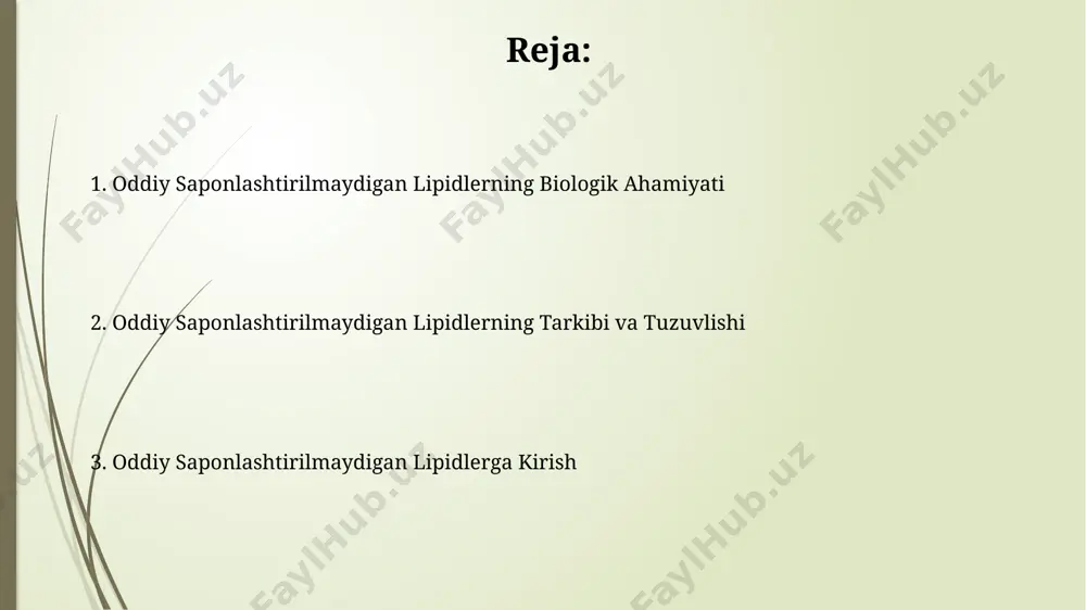 lda olib borilgan kuzatuvlar, ba'zi saraton turlarining rivojlanishida 7% hollarda sodda saponifitsiyalanmaydigan lipidlar muvozanatining buzilishi rol oʻynaganligini aniqladi. prostaglandinlar va leykotrienlar prostaglandinlar va leykotrienlarning har xil turlari mavjud bo'lib, ularning har biri organizmdagi turli xil funksiyalarni bajaradi; masalan, tromboksan a2 qon ivish jarayonida qatnashadi, bu esa yurak-qon tomir kasalliklarining oldini olishda muhim ahamiyatga ega. leykotrienlar 5-lipoksigenaza yo'li orqali arakidon kislotasidan hosil bo'ladi va allergik reaksiyalar, astma va boshqa yallig'lanish kasalliklarida muhim vositachilar hisoblanadi, ularning ishlab chiqarilishini 10 dan ortiq turli dori-darmonlar bilan nazorat qilish mumkin. terpenlar va karotinoidlar terpenoidlar 30 dan ortiq uglerod atomlaridan tashkil topgan bo'lib, isopren birliklarining polimerlanishi natijasida hosil bo'ladi va ularning 2000 dan ortiq turi tabiatda mavjud, masalan, limon va apelsin po'stlog'ida uchraydi. to'yinmagan bog'larning mavjudligi tufayli karotinoidlar, masalan, licopen (pomidorlarda), kuchli antioksidant xususiyatlarga ega bo'lib, 400 dan ortiq turdagi karotinoidlar mavjud va ularning 70 foizi o'simliklarda uchraydi. oddiy saponlashtirilmaydigan lipidlarning metabolizmi oddiy saponlashtirilmaydigan lipidlar, masalan, …
