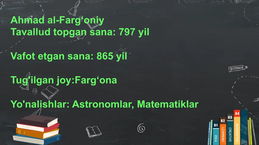 di va muhammad qatl qilinadi. 8 o‘sha yili abdulloh taxtga al-ma'mun nomi bilan o‘tiradi. lekin u bag‘dodga bormay 819 yilga qadar marvda yashaydi. natijada, marv 813 yildan to 819 yilgacha xalifalikning vaqtincha poytaxti bo‘lib turadi. 819 yili al-ma'mun butun saroy a'yonlari va ulamolari bilan birga bag‘dodga ko‘chadi. ular orasida al-farg‘oniy ham bor edi. shunday bo‘lsa ham al-ma'mun qo‘l ostida u tuzgan ilmiy markaz «bayt ul-hikmat»da ishlagan olimlar orasida al-farg‘oniyning nomi eslatilmaydi. 9 buning sababi bizningcha shunday bo‘lishi mumkin: u davrda xalifalikda ikkita rasadxona faoliyat olib borardi, biri bag‘dodning ash-shammosiya mahallasida va ikkinchisi damashq yaqinidagi kasiyun tepaligida edi. bu rasadxonalarning har birida «bayt ul-hikmat» olimlarining ikkita doimiy guruhlari ishlar edi. ana shu olimlarning o‘zi rasadxonalari hojatidan kelib chiqib, ilmiy ekspeditsiyalar uyushtirardilar va umumiy rahbarlik bag‘doddan turib boshqarilardi. 10 balki al-farg‘oniy damashqdagi olimlar guruhida bo‘lishi, al-ma'mun uni bag‘dodga kelishi bilanoq u yerga yuborgan bo‘lishi mumkin. abu rayhon beruniyning bir xabari shunday taxminga …
