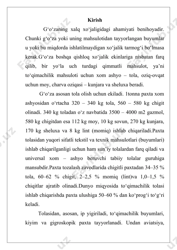 mahsulotlar olinadi. i.paxtani biologik xususiyatlari 1.1. umumiy rivojlanish dinamikasi 1.2. haroratga talabi 1.3 yorug‘likka munosabati 1.4. suvga talabi 1.5. oziq moddalarga talabi 1.6. tuproqqa talabi 1.1.umumiy rivojlanish dinamikasi. g‘o‘za rivojlanish jarayonida chigitni ekishdan to o‘suv davrining oxirigacha (ontogenezida) beshta asosiy davrini o‘taydi: i. unib chiqish – urug‘barglik davrisi; 2.chinbarg chiqarish davrisi; 3. shonalash davrisi; 4. gullash va meva tugish davrisi; 5. pishish davrisi. bir asosiy rivojlanish davri bilan ikkinchi asosiy rivojlanish davri orasida, chinbarg chiqarish davrisidan boshlab bir qancha mayda kichik davrilarni o‘taydi. masalan, 2,3,4 va hokazo barglarni paydo bo‘lishi yoki shonalash bilan gullash oralig‘ida shonalarni birin ketin paydo bo‘lishi, gullash bilan pishish davrilari oralig‘ida birin ketin gullarni paydo bo‘lishi va hokoza. tuproqdagi harorat va namlik sharoiti qo‘lay bo‘lganda, ekilgan chigit 5-7 kunda unib chiqadi(noqo‘lay bo‘lganda 10-15 kun o‘tadi). unib chiqqandan birinchi chinbarg chiqkuncha 8-12 kun, chinbarg chiqqandan shonalashgacha 25-30 kun, shonalashdan to gullashgacha 25-30 kun, gullashdan pishishgacha 50-60 kun …