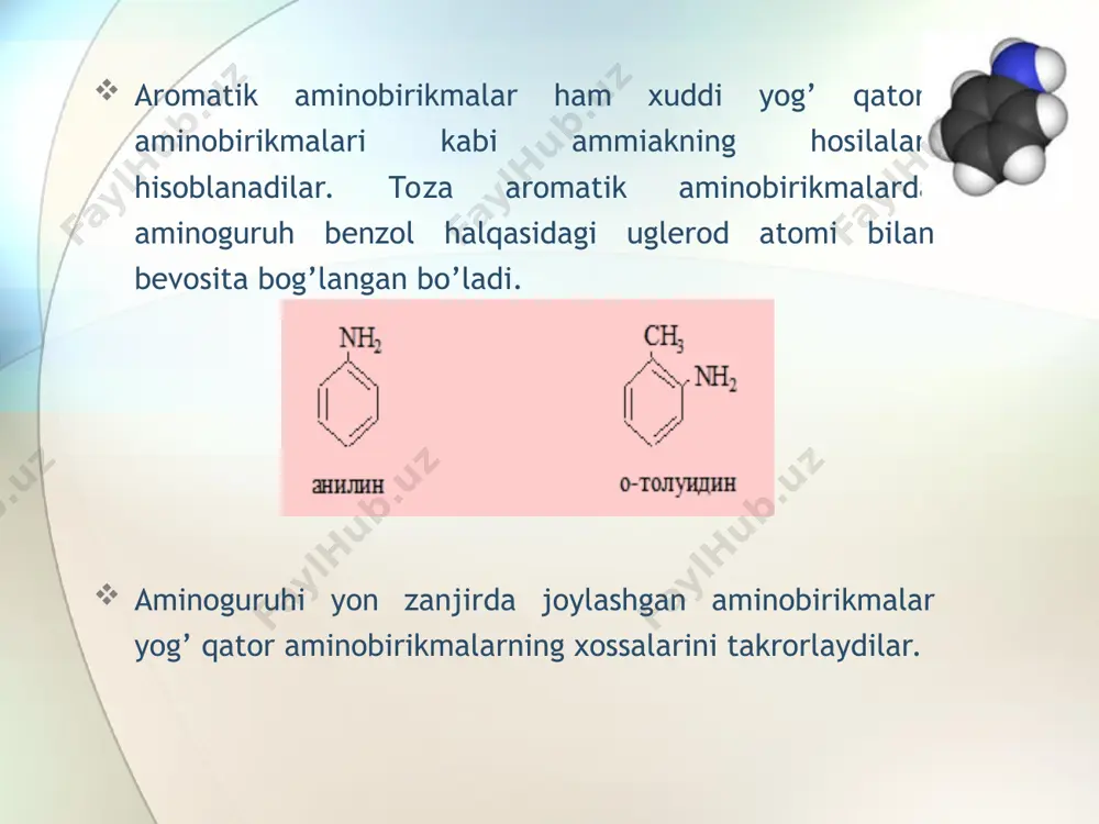hak bilan haydash natijasida hosil qilingan. 1842 yilda anilinni n.n.zinin nitrobenzolni qaytarib hosil qilgan. kam miqdorda toshko’mir smolasida bo’ladi. texnikada nitrobenzolni qaytarib olinadi. katta miqdorda bo’yoqlar ishlab chiqarishda qo’llaniladi. zinin reaksiyasi: c6h5no2 + 6h c6h5nh2 + 2h2o olinishi: nikolay nikolayevich zinin 1812-1880 olinishi: sanoatda c6h5no2 + 3h2 250-300c,ni,cu c6h5nh2 + 2h2o c6h5no2 + 6[h] fe,hcl,h2o c6h5nh2 + 2h2o (zinin, 1842) laboratoriyada: c6h5no2 + 2al + 2naoh + 4h2o c6h5nh2 + +2na[al(oh)4] c6h5nо2 + 3zn + 6hcl c6h5nh2 + 3zncl2 + 2h2o c6h5cl + 2nh3 p,t,cu2o c6h5nh2 + nh4cl kimyoviy xossalari bromlash (sifat reaksiyasi): hcl bilan reaksiyasi: kimyoviy xossalari: karbon kislotalar bilan ta’siri: anilin tuzining ishqor bilan ta’siri: kimyoviy xossalari angidridlar bilan: kimyoviy xossalari sulfat kislota bilan: p-aminobenzolsulfokislota ishlatilishi: dimetilanilin – 1930c da qaynaydigan suyuqlik, bo’yoqlar, portlovchi moddalar olishda ishlatiladi. difenilamin – 540c da suyuqlanadigan kristall modda. bo’yoqlar tayyorlashda, poroxni barqarorlashtirishda ishlatiladi. toluidinlar – tegishli nitrotoluollarni qaytarish orqali olinadilar. bo’yoqlar ishlab …