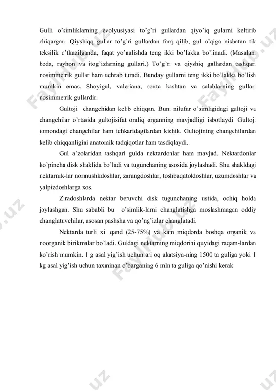 q). gulning muhim a’zolari changchilar va urug’chilardir. guldagi changchilar soni o’simlik turlariga qarab bitgadan bir necha o’ntagacha bo’lishi mumkin. masalan, tol gulida 2 ta, gulasapsarda 3 ta, dukkakdoshlarda 10 ta, ra’noguldoshlarda va gulxayridoshlarda ko’p sonda bo’ladi. changchilar ipining uzunligi bilan ham farq qilishi mumkin. karamdoshlarda 2 ta qisqa va 4 ta uzun changchilar bo’ladi. changchilar gulda erkin yoki o’zaro ko’shilib, hatto boylamlar ham hosil qiladi. ularda chang iplarining asoslari yoki changdonlari bilan qo’shilib ketishi mumkin. dukkakdoshlar oilasida chang iplarining odatda 9 tasi qo’shilib bittasi erkin qoladi. astradoshlarda ular changdonlari bilan qo’shilib ketgan. choyo’tdoshlarda uch tutam yoki boylamlar hosil qiladi. changchining asosiy vazifasi mikrosporalar va chang donachalari hosil qilib, keyinchalik erkak gametofitni shakllantirishdir. u odatda chang ipi va changdondan iborat bo’ladi. changdon odatda 2 bo’lakdan iborat bo’lib, bir – biri bilan o’tkazuvchi boylamlarning bog’lovchisi yordamida birikadi. har bir bo’lak o’z navbatida to’siq bilan ajralgan 2 ta chang uyasidan, ya’ni mikrosporangiyalardan iborat. …