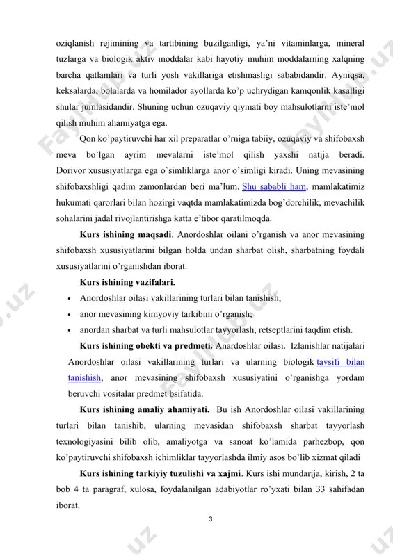 h xususiyatini o’rganishga yordam beruvchi vositalar predmet bsifatida. kurs ishining amaliy ahamiyati. bu ish anordoshlar oilasi vakillarining turlari bilan tanishib, ularning mevasidan shifobaxsh sharbat tayyorlash texnologiyasini bilib olib, amaliyotga va sanoat ko’lamida parhezbop, qon ko’paytiruvchi shifobaxsh ichimliklar tayyorlashda ilmiy asos bo’lib xizmat qiladi kurs ishining tarkiyiy tuzulishi va xajmi. kurs ishi mundarija, kirish, 2 ta bob 4 ta paragraf, xulosa, foydalanilgan adabiyotlar ro’yxati bilan 33 sahifadan iborat. i bob. anordoshlar oilasiganing tasnifi 1.1 anordoshlar oilasining umumiy tasnifi mamlakatimizda aholini oziq-ovqat mahsulotlari, xususan yangi va sifatli mevalar bilan ta`minlashga katta ahamiyat berilmoqda. o’zbekiston respublikasi prezidentining 2008 yil 20 oktyabrdagi “oziq-ovqat ekinlari ekiladigan maydonlarni optimallashtirish va ularni ishlab chiqarishni ko’paytirish choralari” farmonida hamda 2009 yil 26 yanvardagi “oziq-ovqat mahsulotlarini ishlab chiqarishni kengaytirish va ichki bozorni to’ldirish bo’yicha qo’shimcha choralar to’g’risida”gi qarorida oziq-ovqat mahsulotlarini ishlab chiqarishni ko’paytirish, ularning assortimentini kengaytirish va aholini oziq-ovqat bilan ta`minlashni yaxshilash masalalari qarab chiqilgan. afsuski, hozirgi to’kinchilik zamonda …