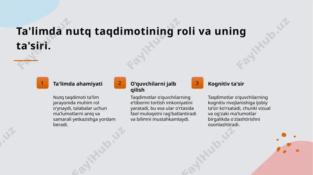 imot turlari - ta'lim va professional sohalarda turli xil taqdimot turlari mavjud, har biri o'ziga xos maqsadlar va uslublarga ega, auditoriyani jalb qilishi muhimdir. 4 interaktivlikning roli - o'quvchilar bilan muloqot qilish interaktiv taqdimotlarda muhim ahamiyatga ega, bu esa ma'lumotlarni o'zlashtirishni va fikr almashishni oshiradi. e'tiboringiz uchun rahmat! /docprops/thumbnail.jpeg