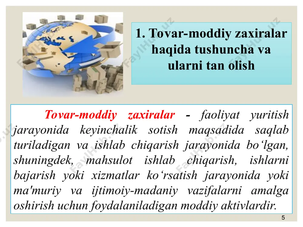 1030 "yoqilg‘ilar"; 1040 "ehtiyot qismlar"; 1050 "qurilish materiallari"; 1060 "idish va idishbop materiallar"; 1070 "chetga qayta ishlash uchun berilgan materiallar"; 1080 "inventar' va xo‘jalik jihozlari"; 1090 "boshqa materiallar". * tovar-moddiy zaxiralar hisobi quyidagi schyotlarda yuritiladi: т/р xo‘jalik muomalalarining mazmuni schyotlarning bog‘lanishi дт кт 1 mol yetkazib beruvchilardan materiallar olindi 1010-1090 6010 2 asosiy vositalarni tugatish natijasida kelib tushgan materiallarning qiymati 1090 9210 3 ta'sischilardan ularning ulushi hisobidan turli xil materiallarning kelib tushishi 1010-1090 4610 4 ajratilgan bo‘linmalar, sho‘'ba va qaram xo‘jalik jamiyatlaridan mater kelib tushishi 1010-1090 6110, 6120 5 boshqa shaxslardan materiallarning tekinga olinishi 1010-1090 8530 * tovar-moddiy zaxiralar hisobi quyidagi schyotlarda yuritiladi: 1 asosiy, yordamchi ishlab chiqarish, xizmat ko‘rsatuvchi xo‘jaliklarga materiallarning chiqarilishi 2010, 2310, 2510, 2710 1010-1090 2 ma'muriy ehtiyojlar uchun materiallarning berilishi 9420 1010-1090 3 yaroqsiz mahsulotni tuzatish uchun materiallarning sarflanishi 2610 1010-1090 4 mahsulotlarni sotish uchun idishlarning sarflanishi 9410 1060 5 chetga chiqib ketayotgan materiallarning qiymatini hisobdan …