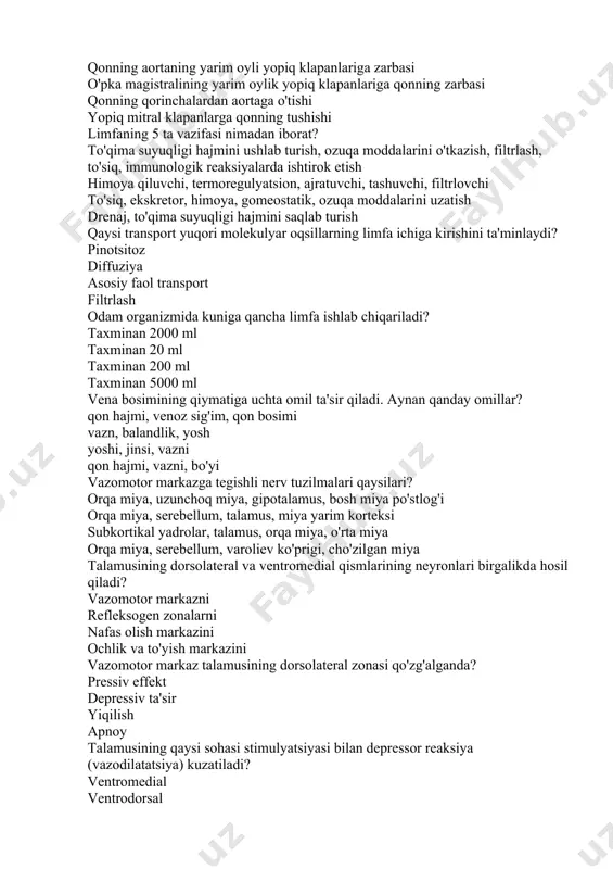 i o'tkazish, filtrlash, to'siq, immunologik reaksiyalarda ishtirok etish himoya qiluvchi, termoregulyatsion, ajratuvchi, tashuvchi, filtrlovchi to'siq, ekskretor, himoya, gomeostatik, ozuqa moddalarini uzatish drenaj, to'qima suyuqligi hajmini saqlab turish qaysi transport yuqori molekulyar oqsillarning limfa ichiga kirishini ta'minlaydi? pinotsitoz diffuziya asosiy faol transport filtrlash odam organizmida kuniga qancha limfa ishlab chiqariladi? taxminan 2000 ml taxminan 20 ml taxminan 200 ml taxminan 5000 ml vena bosimining qiymatiga uchta omil ta'sir qiladi. aynan qanday omillar? qon hajmi, venoz sig'im, qon bosimi vazn, balandlik, yosh yoshi, jinsi, vazni qon hajmi, vazni, bo'yi vazomotor markazga tegishli nerv tuzilmalari qaysilari? orqa miya, uzunchoq miya, gipotalamus, bosh miya po'stlog'i orqa miya, serebellum, talamus, miya yarim korteksi subkortikal yadrolar, talamus, orqa miya, o'rta miya orqa miya, serebellum, varoliev ko'prigi, cho'zilgan miya talamusining dorsolateral va ventromedial qismlarining neyronlari birgalikda hosil qiladi? vazomotor markazni refleksogen zonalarni nafas olish markazini ochlik va to'yish markazini vazomotor markaz talamusining dorsolateral zonasi qo'zg'alganda? pressiv effekt …